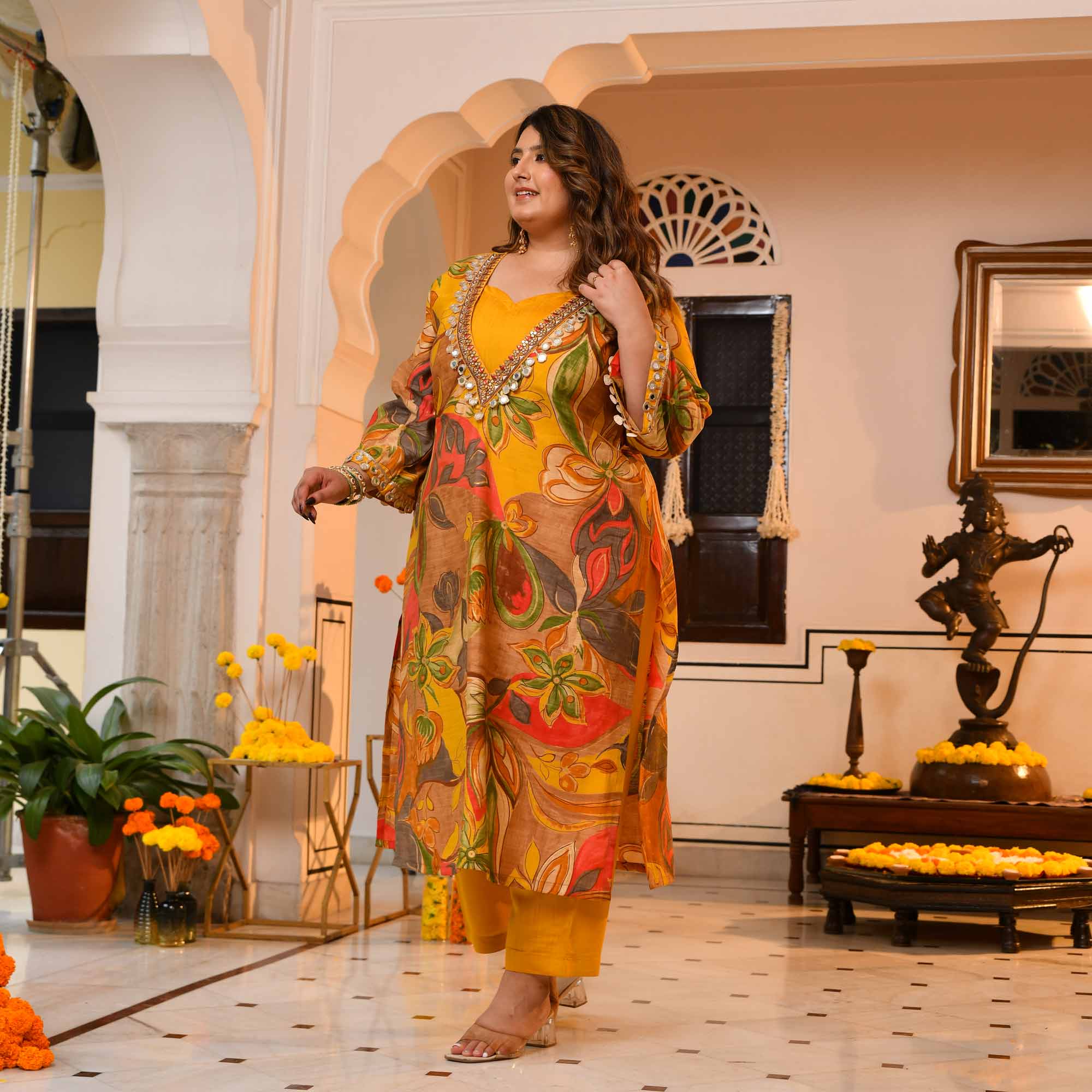 Deep- Yellow Abstract Print Modal Cape Set