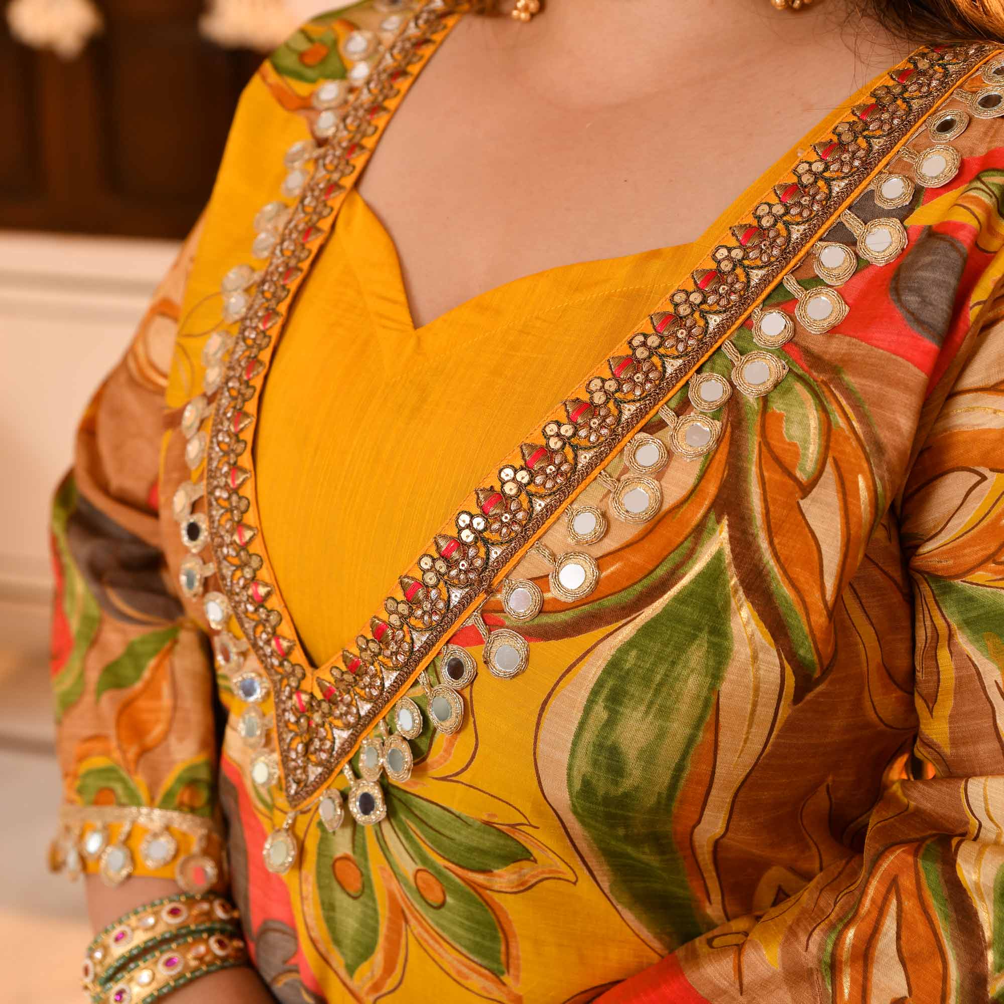Deep- Yellow Abstract Print Modal Cape Set