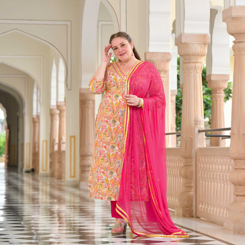 Golden Pink Floral Fusion Gota Suit Set