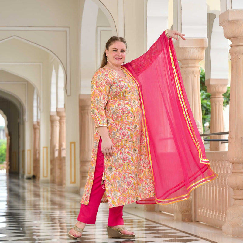 Golden Pink Floral Fusion Gota Suit Set
