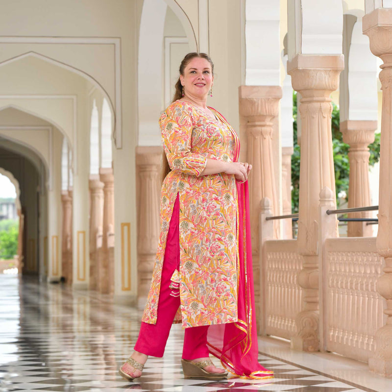 Golden Pink Floral Fusion Gota Suit Set