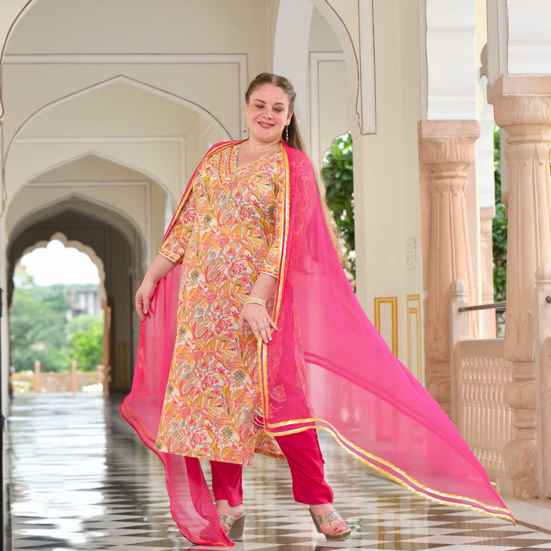 Golden Pink Floral Fusion Gota Suit Set