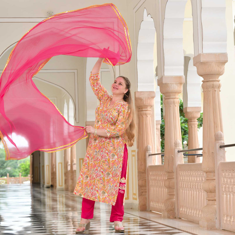 Golden Pink Floral Fusion Gota Suit Set