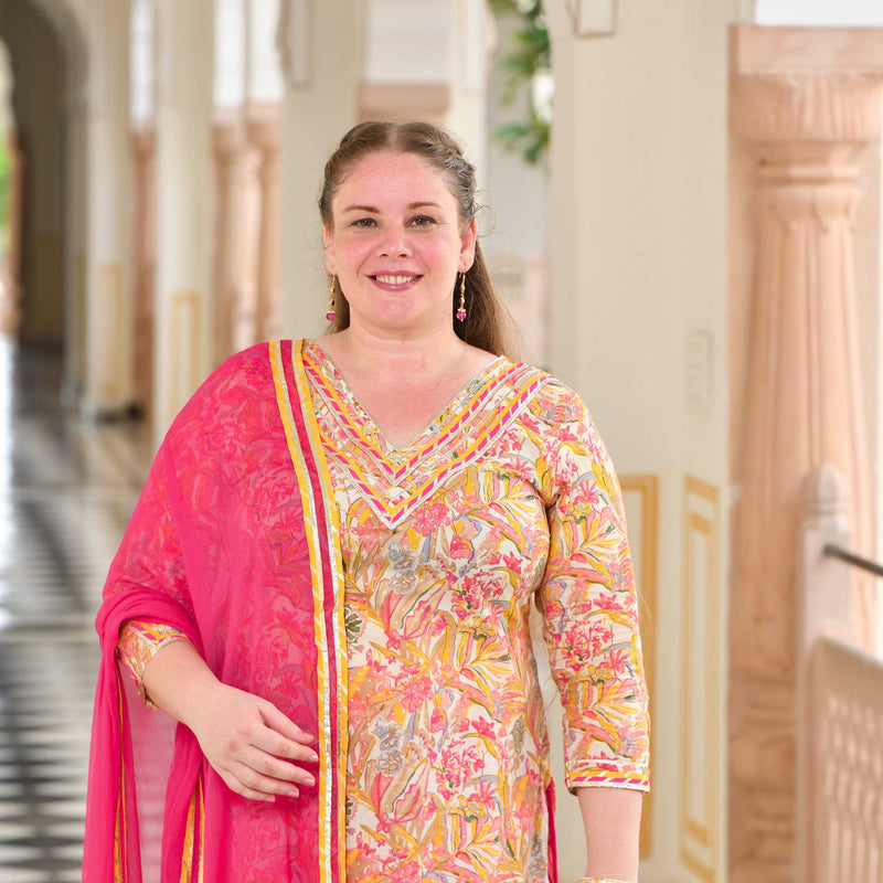 Golden Pink Floral Fusion Gota Suit Set