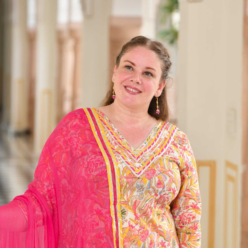 Golden Pink Floral Fusion Gota Suit Set