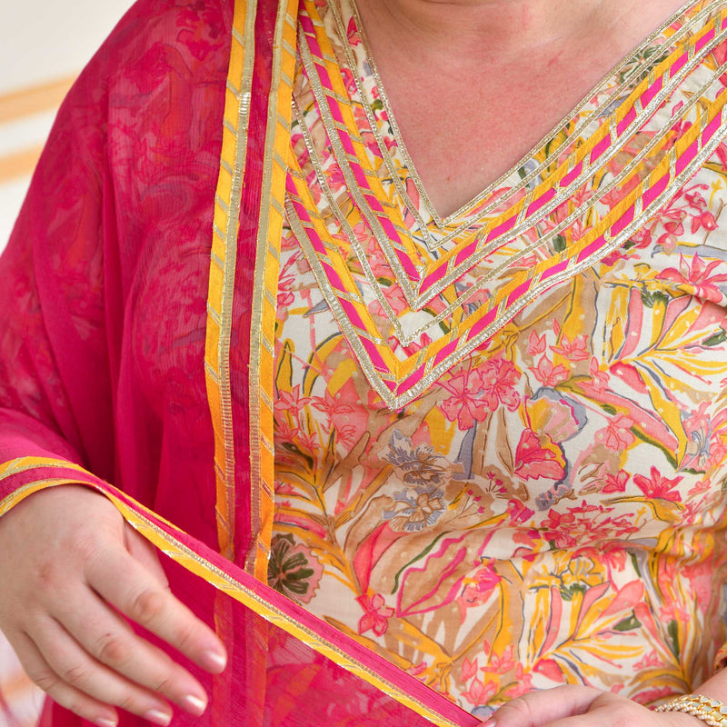 Golden Pink Floral Fusion Gota Suit Set