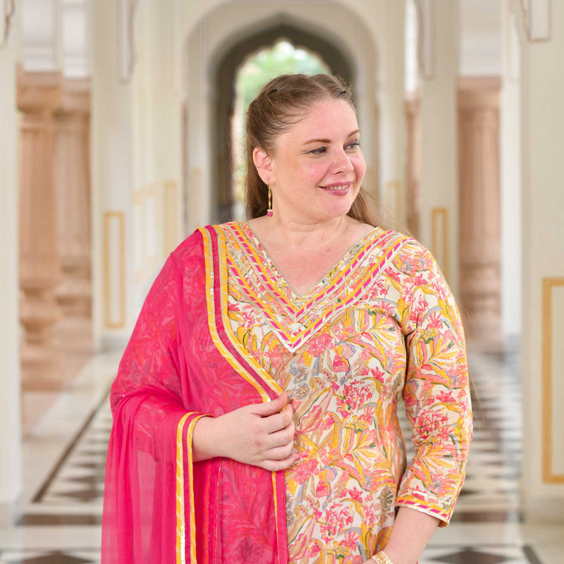 Golden Pink Floral Fusion Gota Suit Set