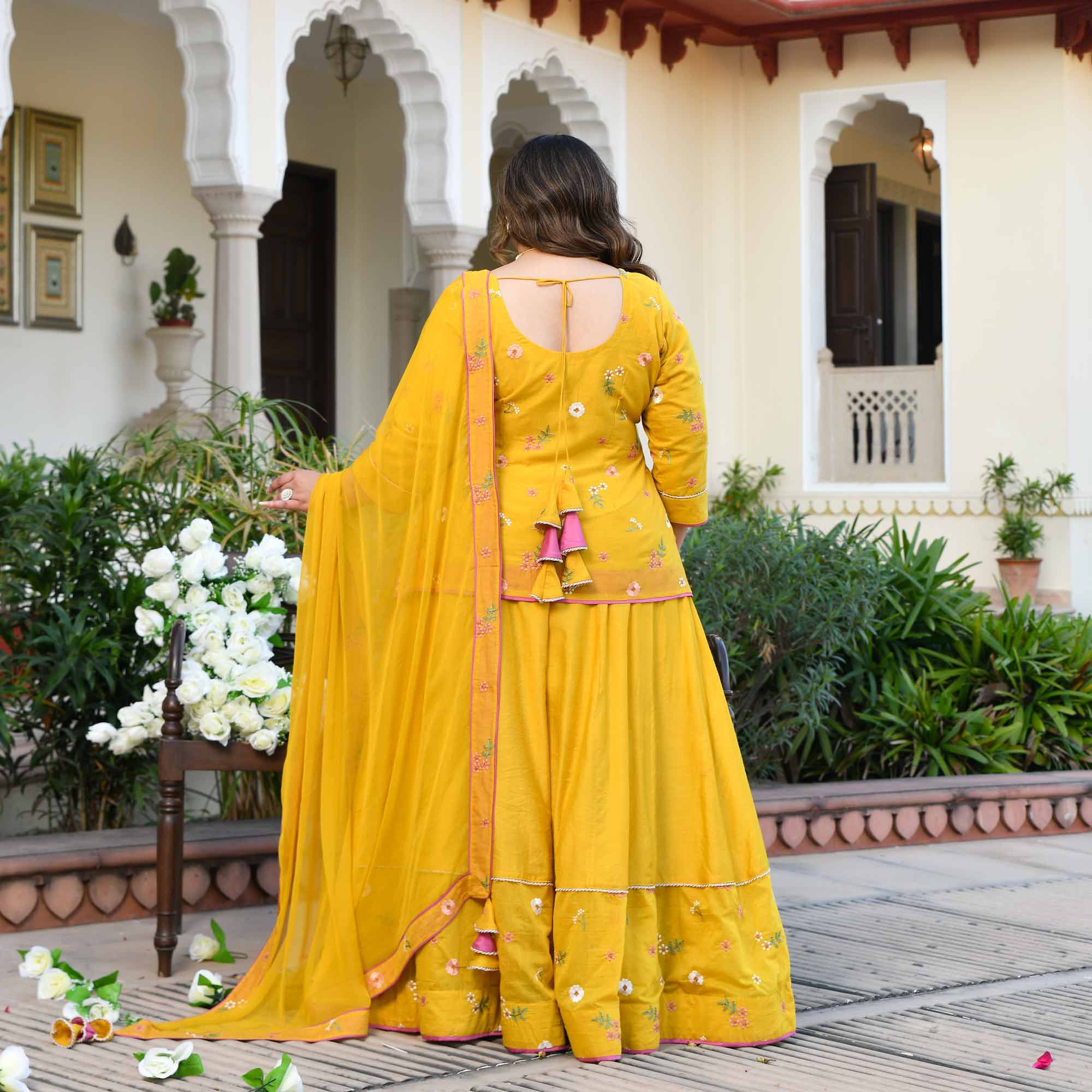 Aam Paana- Yellow Floral Thread Embroidery Mul Chanderi Lehenga Set