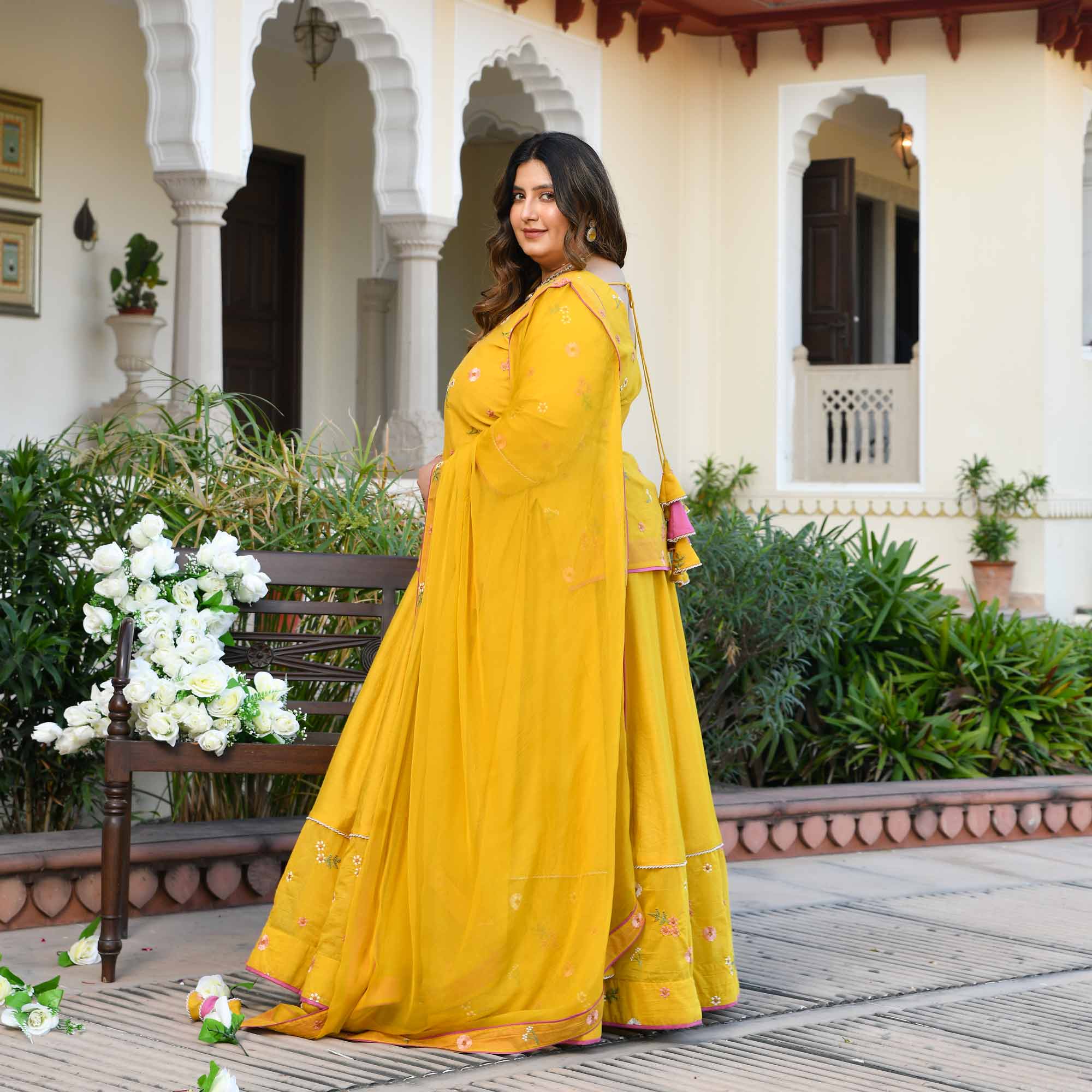 Aam Paana- Yellow Floral Thread Embroidery Mul Chanderi Lehenga Set