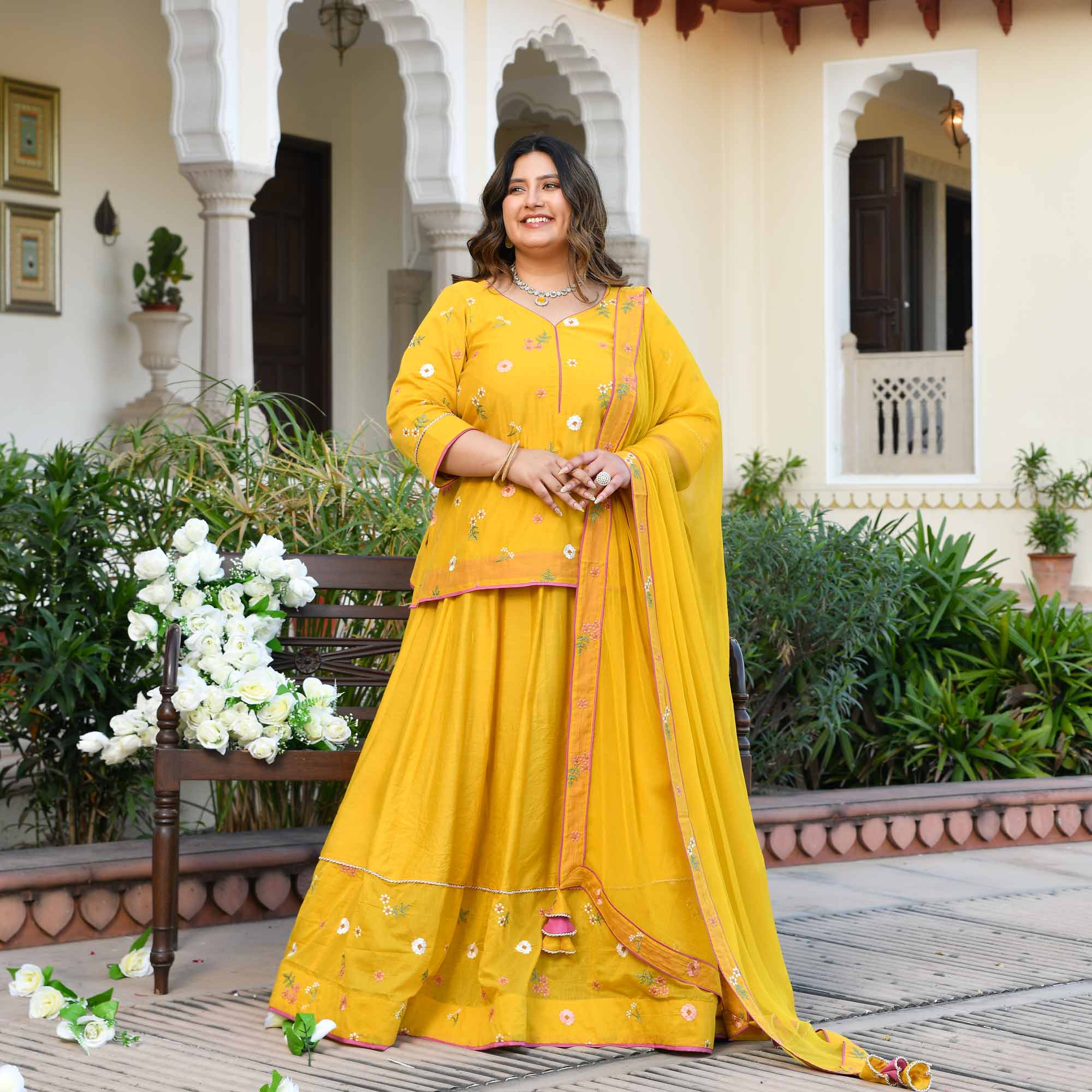 Aam Paana- Yellow Floral Thread Embroidery Mul Chanderi Lehenga Set