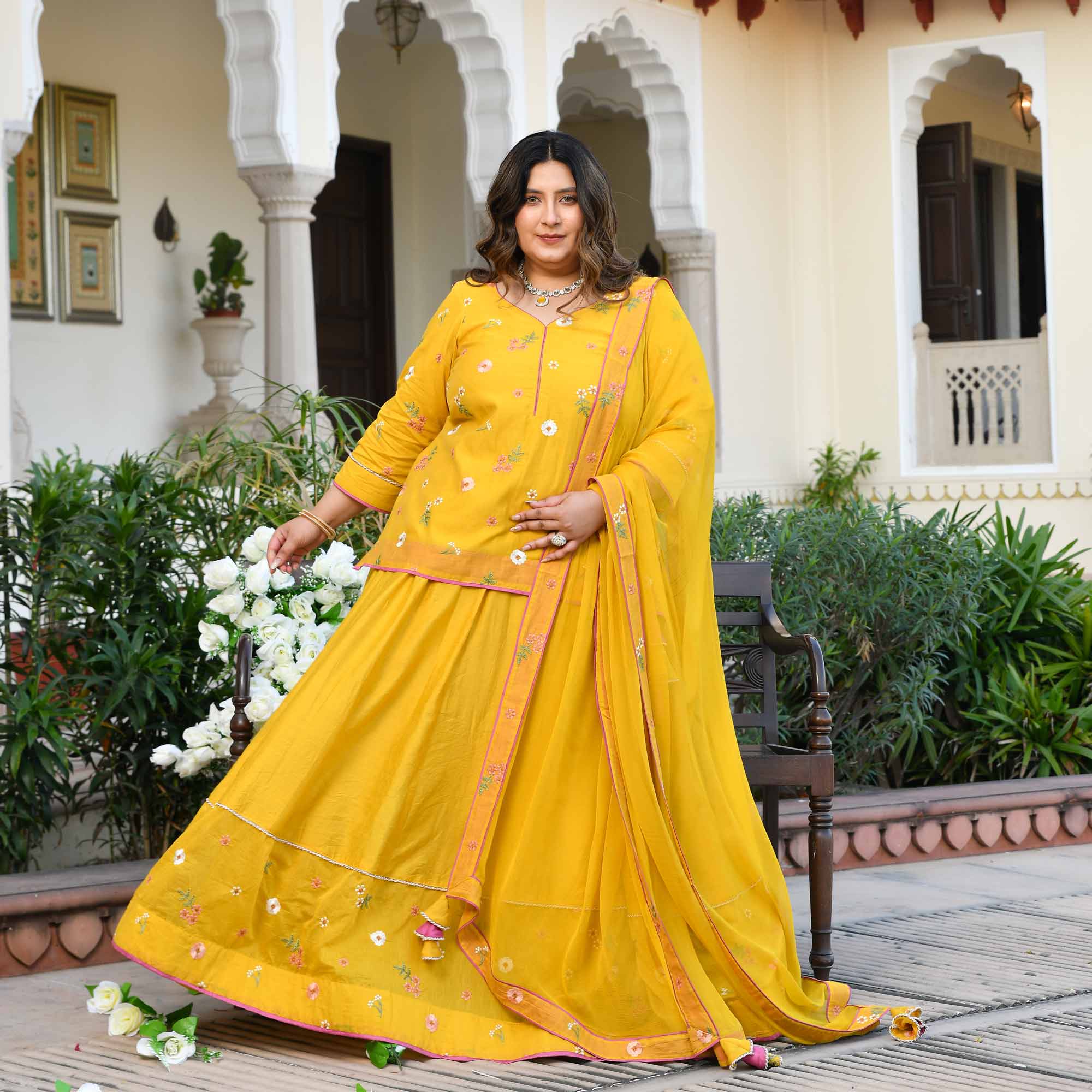 Aam Paana- Yellow Floral Thread Embroidery Mul Chanderi Lehenga Set