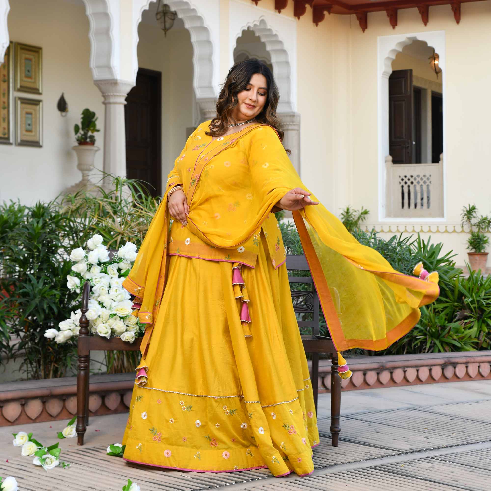 Aam Paana- Yellow Floral Thread Embroidery Mul Chanderi Lehenga Set