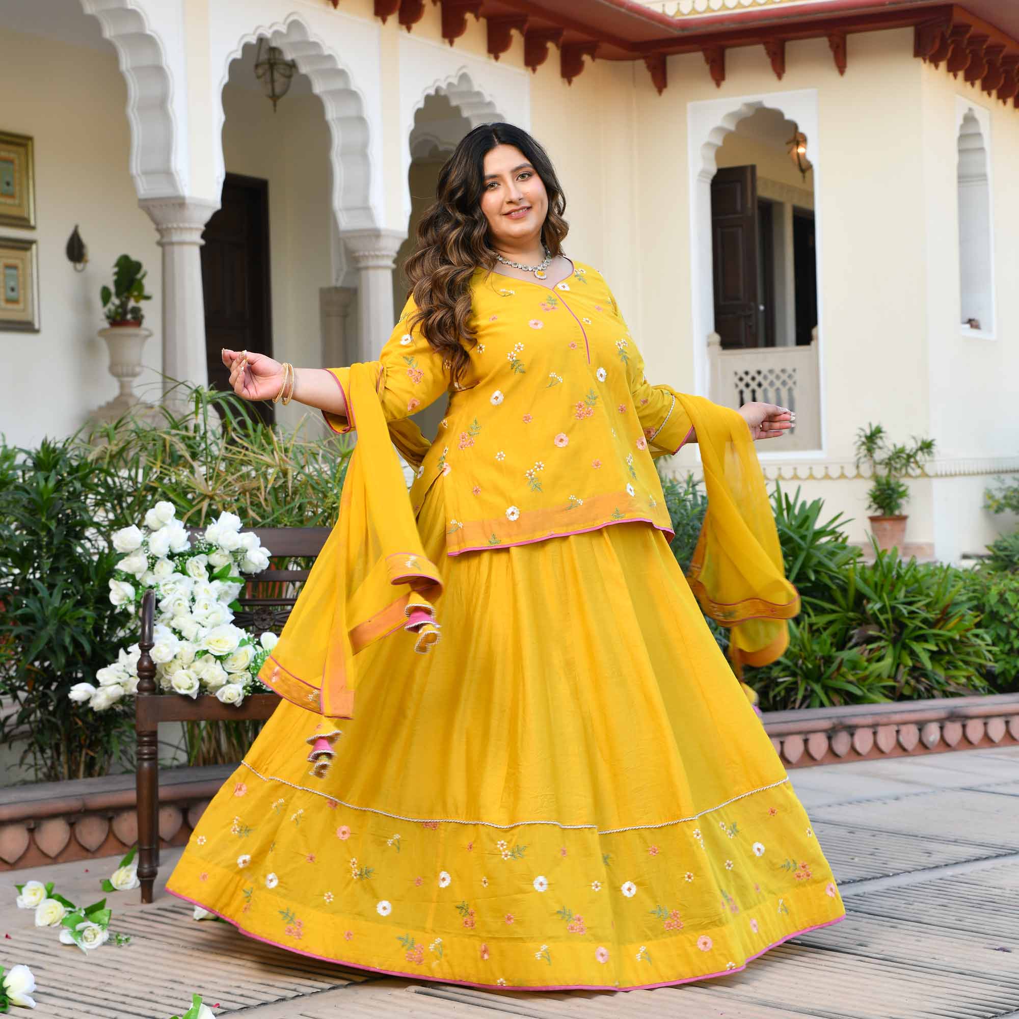 Aam Paana- Yellow Floral Thread Embroidery Mul Chanderi Lehenga Set