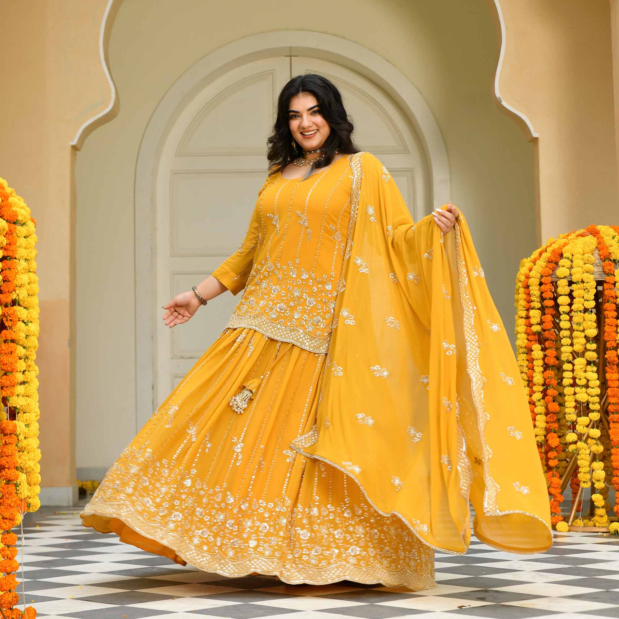 Genda Phool - Yellow Pure Georgette Cutdana Embroidery Lehenga Set