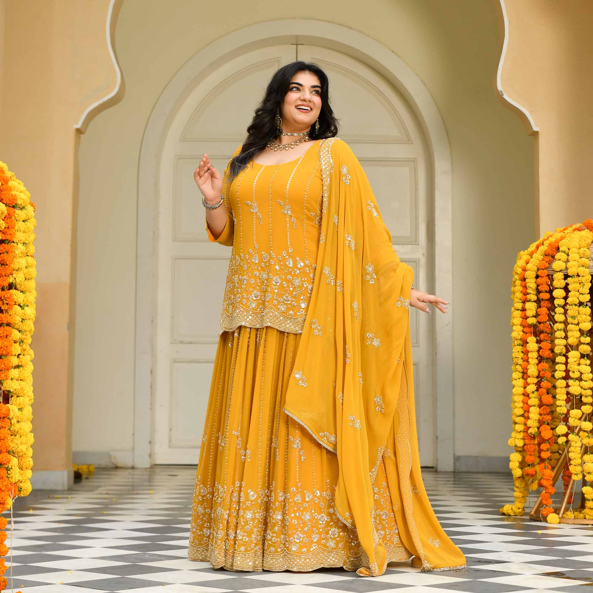 Genda Phool - Yellow Pure Georgette Cutdana Embroidery Lehenga Set