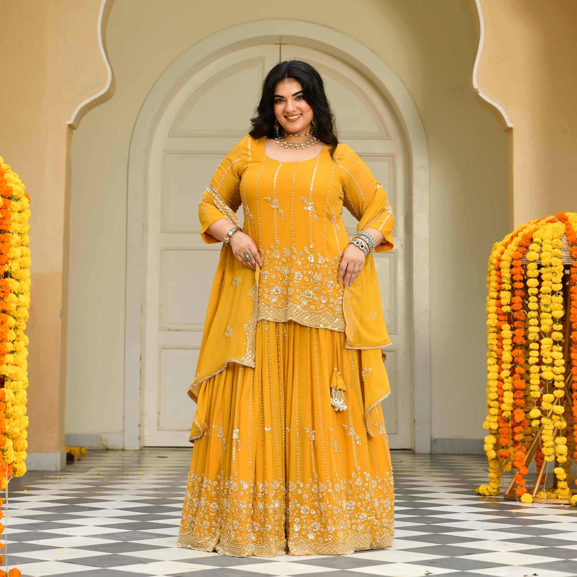 Genda Phool - Yellow Pure Georgette Cutdana Embroidery Lehenga Set