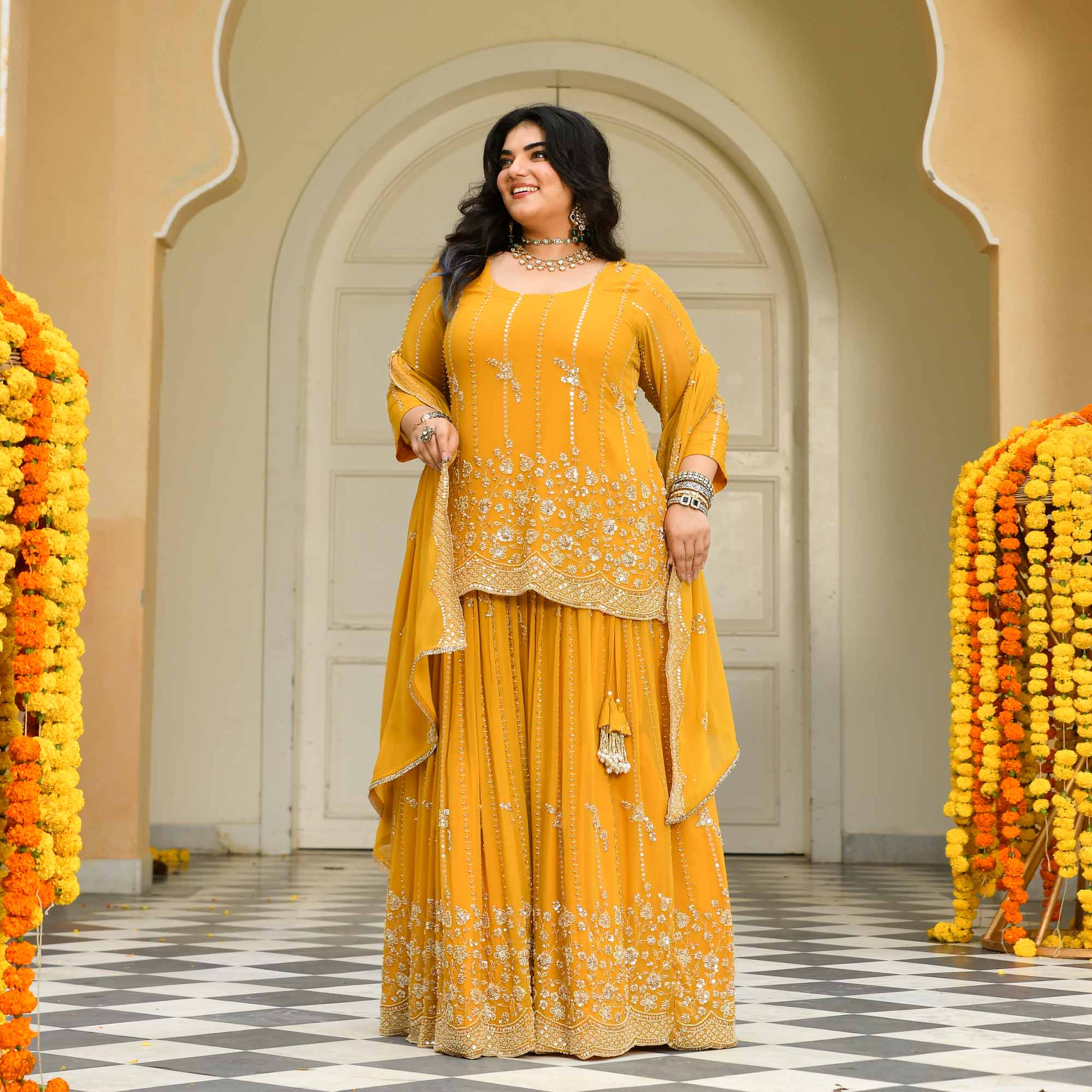 Genda Phool - Yellow Pure Georgette Cutdana Embroidery Lehenga Set