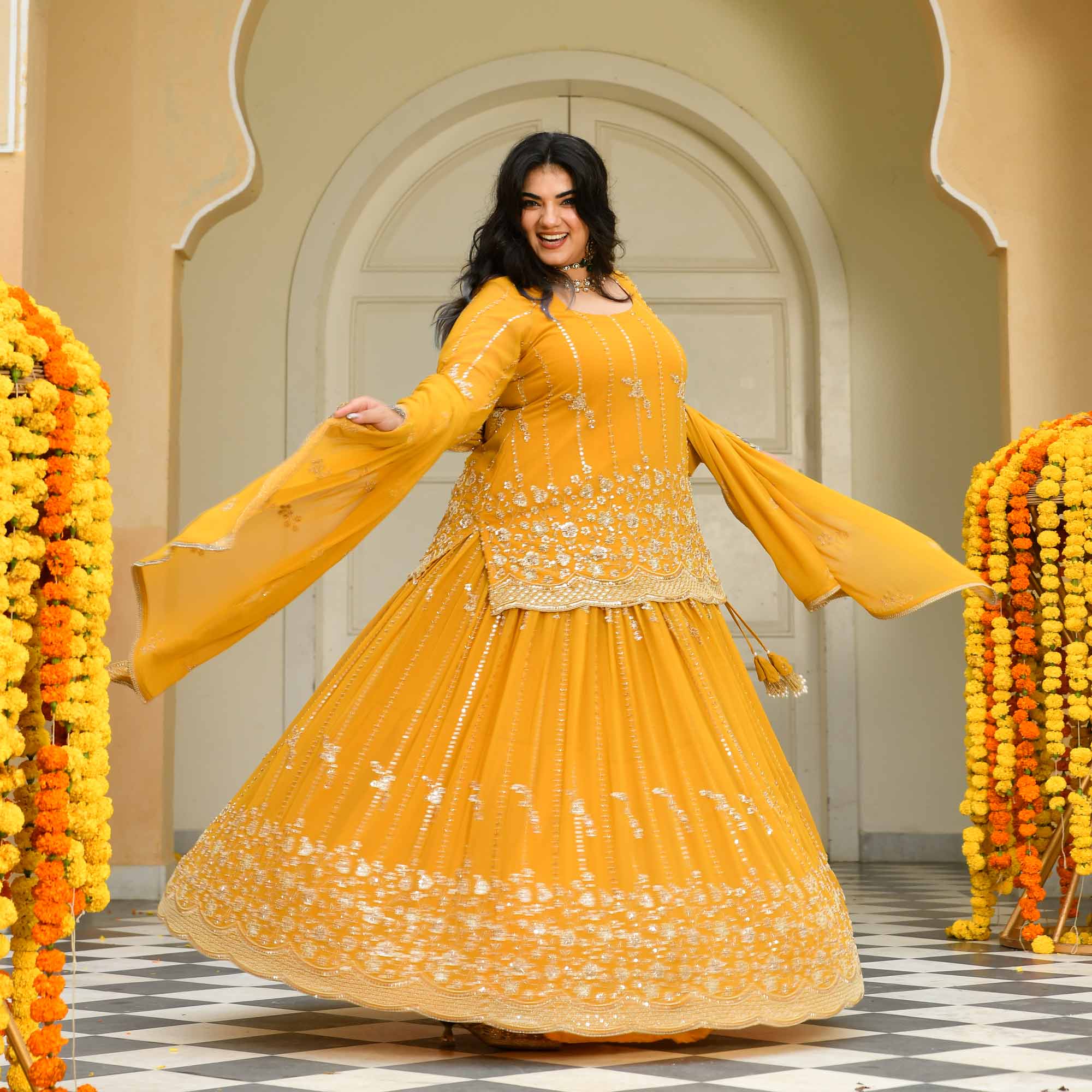 Genda Phool - Yellow Pure Georgette Cutdana Embroidery Lehenga Set