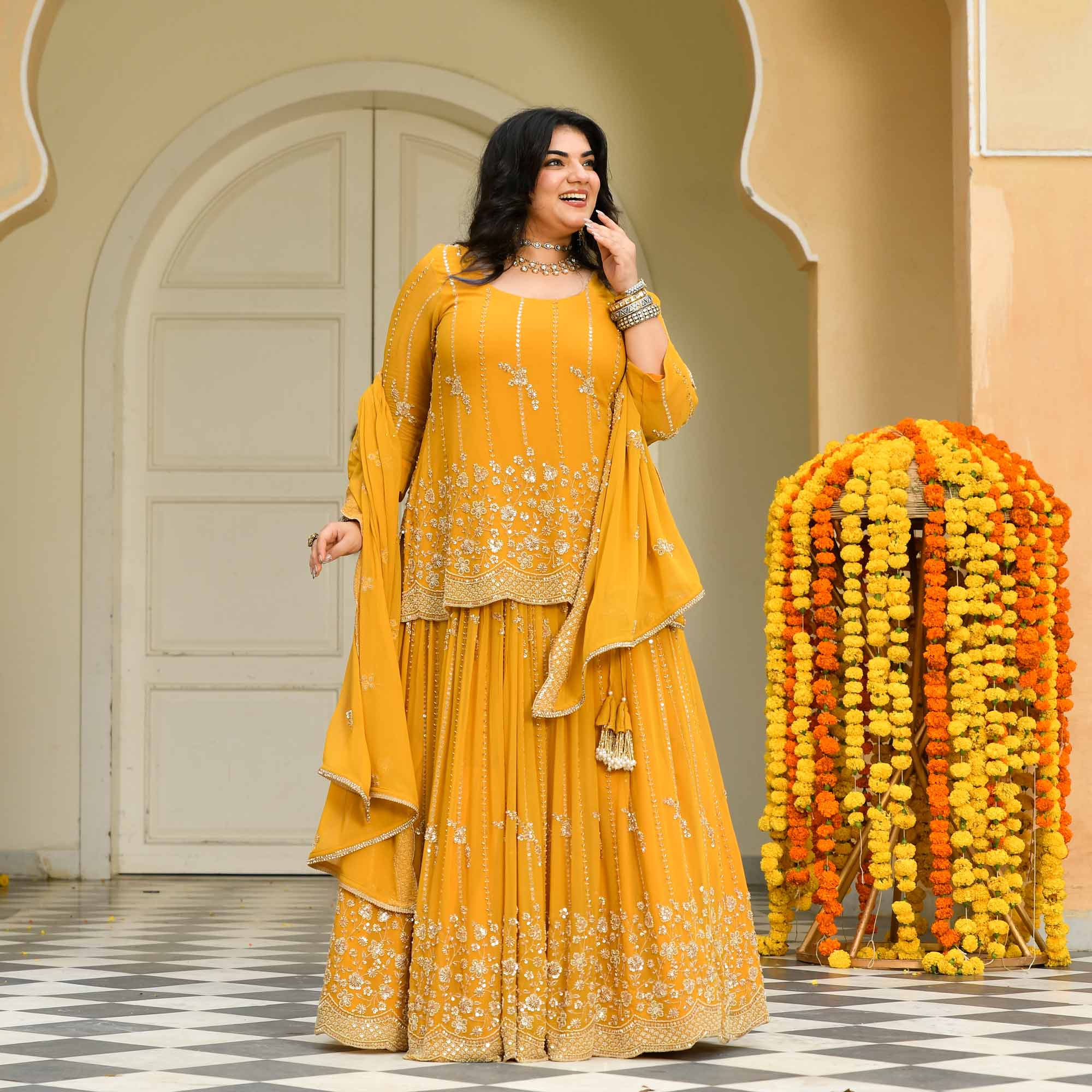 Genda Phool - Yellow Pure Georgette Cutdana Embroidery Lehenga Set