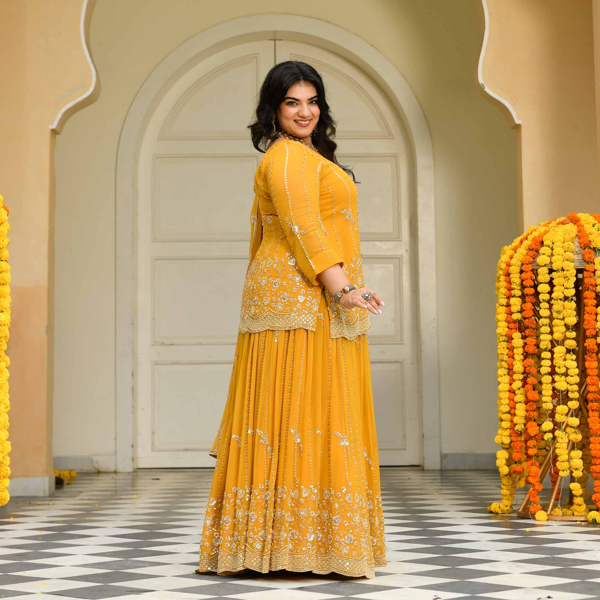 Genda Phool - Yellow Pure Georgette Cutdana Embroidery Lehenga Set