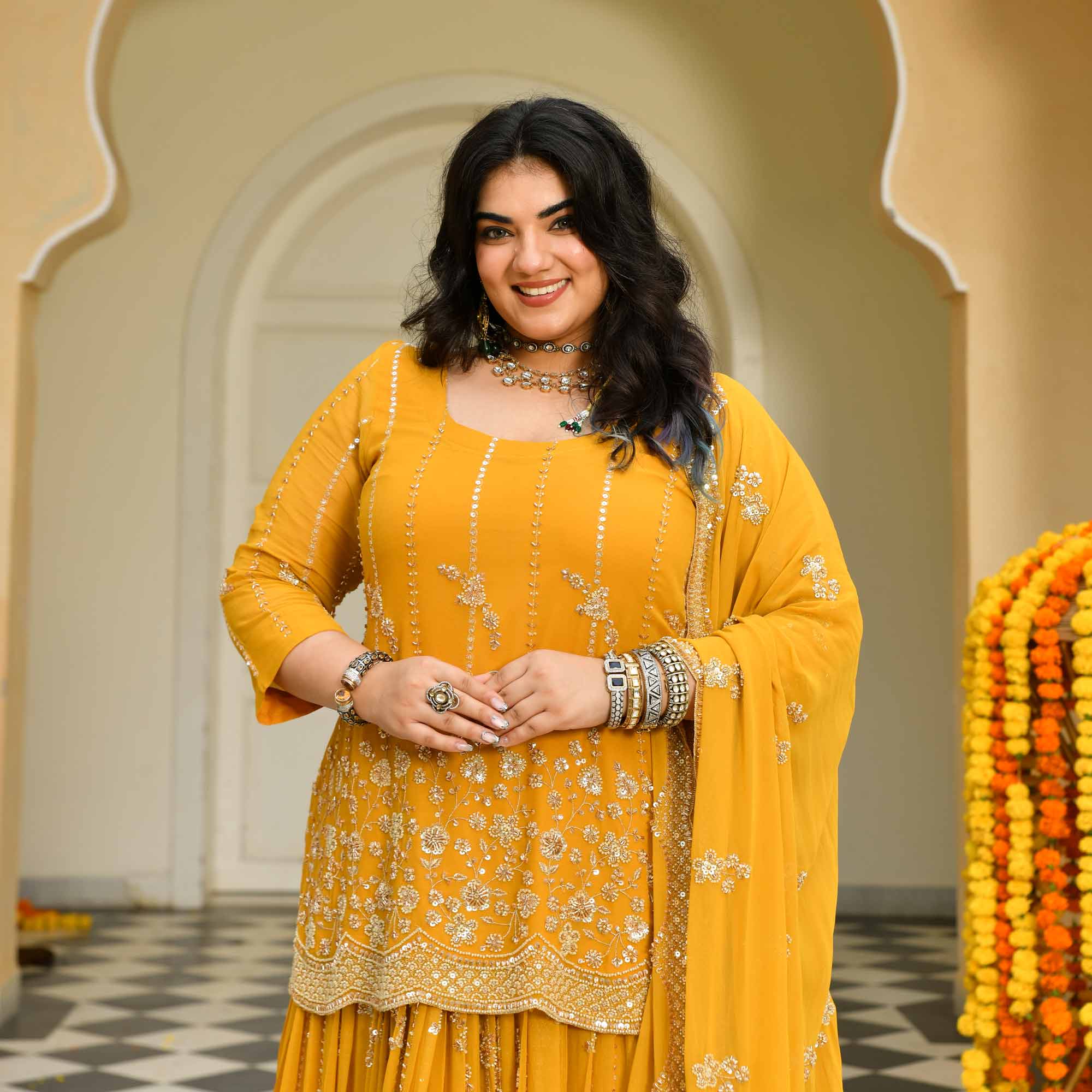 Genda Phool - Yellow Pure Georgette Cutdana Embroidery Lehenga Set