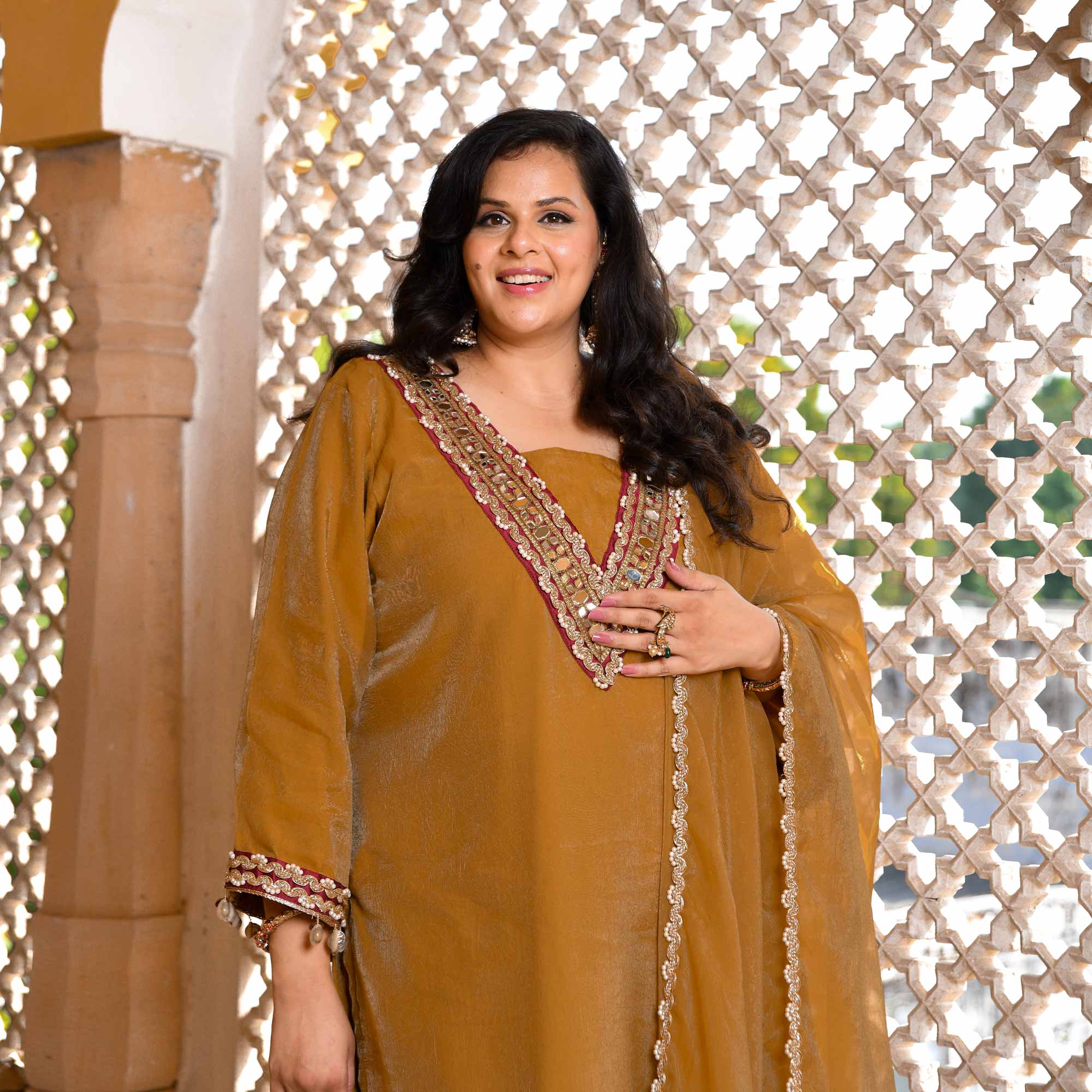Ochre Gold & Glam Mirror Embroidered Tissue Silk Suit Set