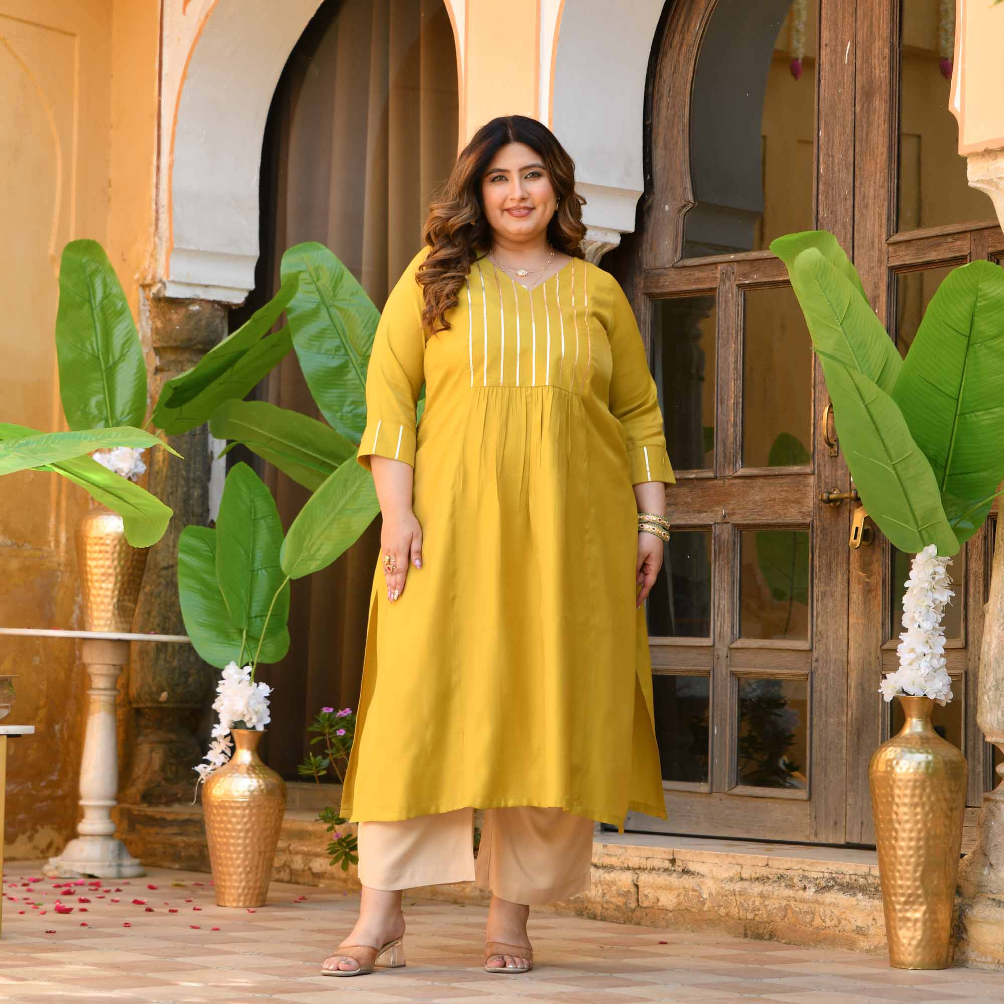 Aamras- Yellow Viscose Tissue A-line Kurta