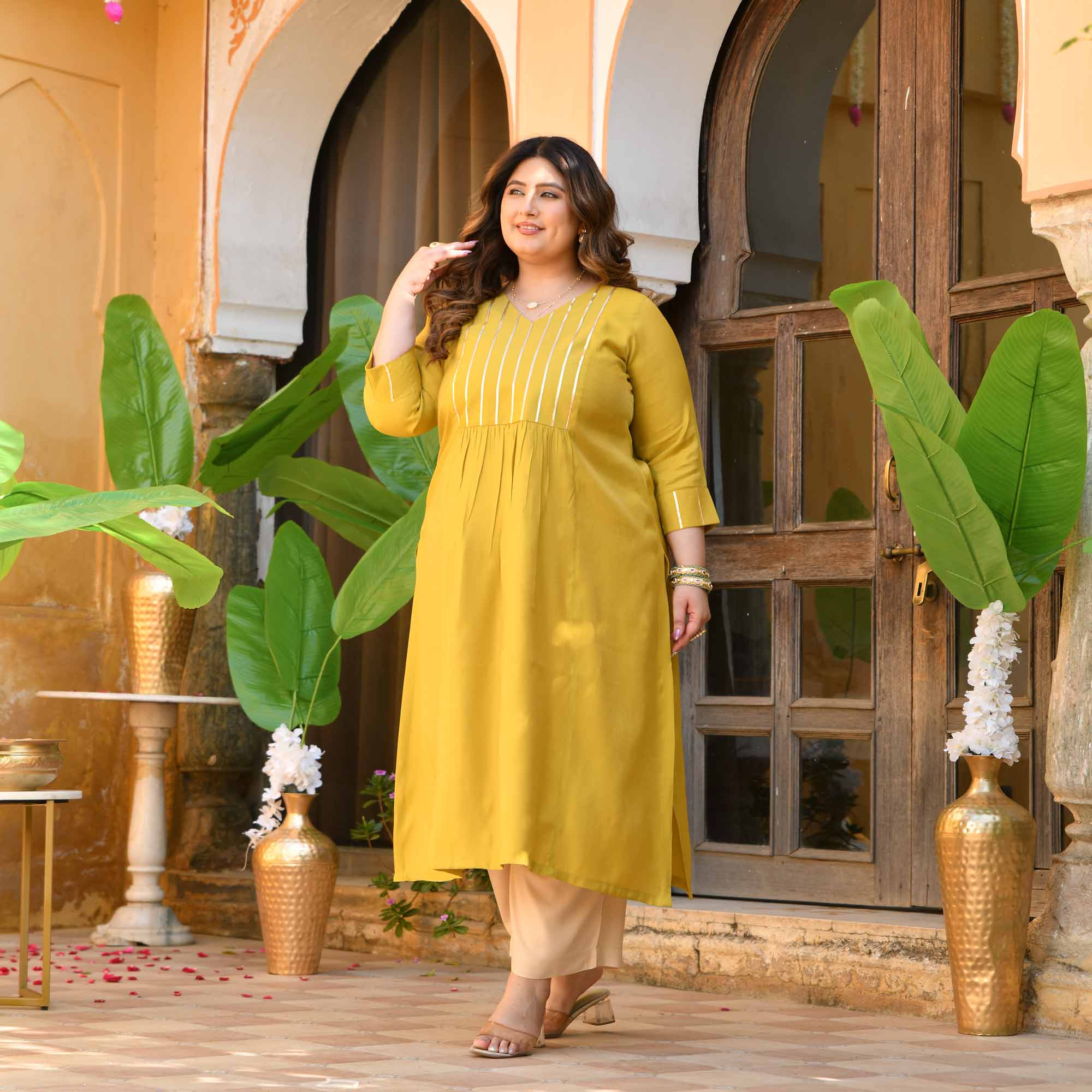 Aamras- Yellow Viscose Tissue A-line Kurta