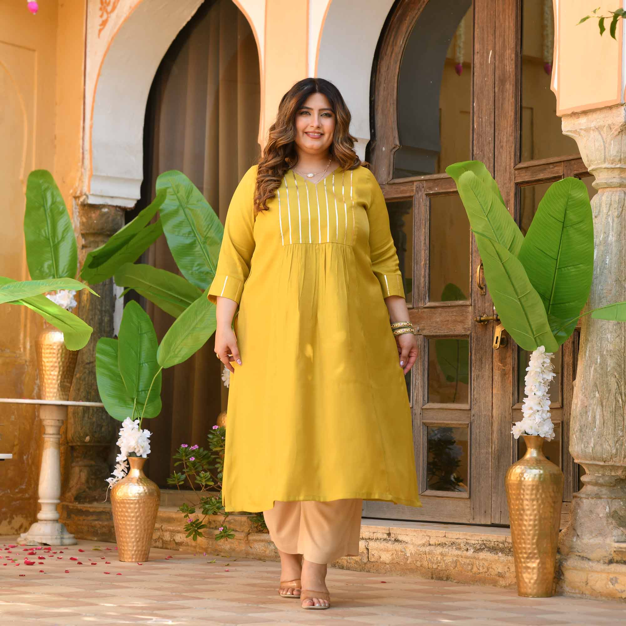 Aamras- Yellow Viscose Tissue A-line Kurta