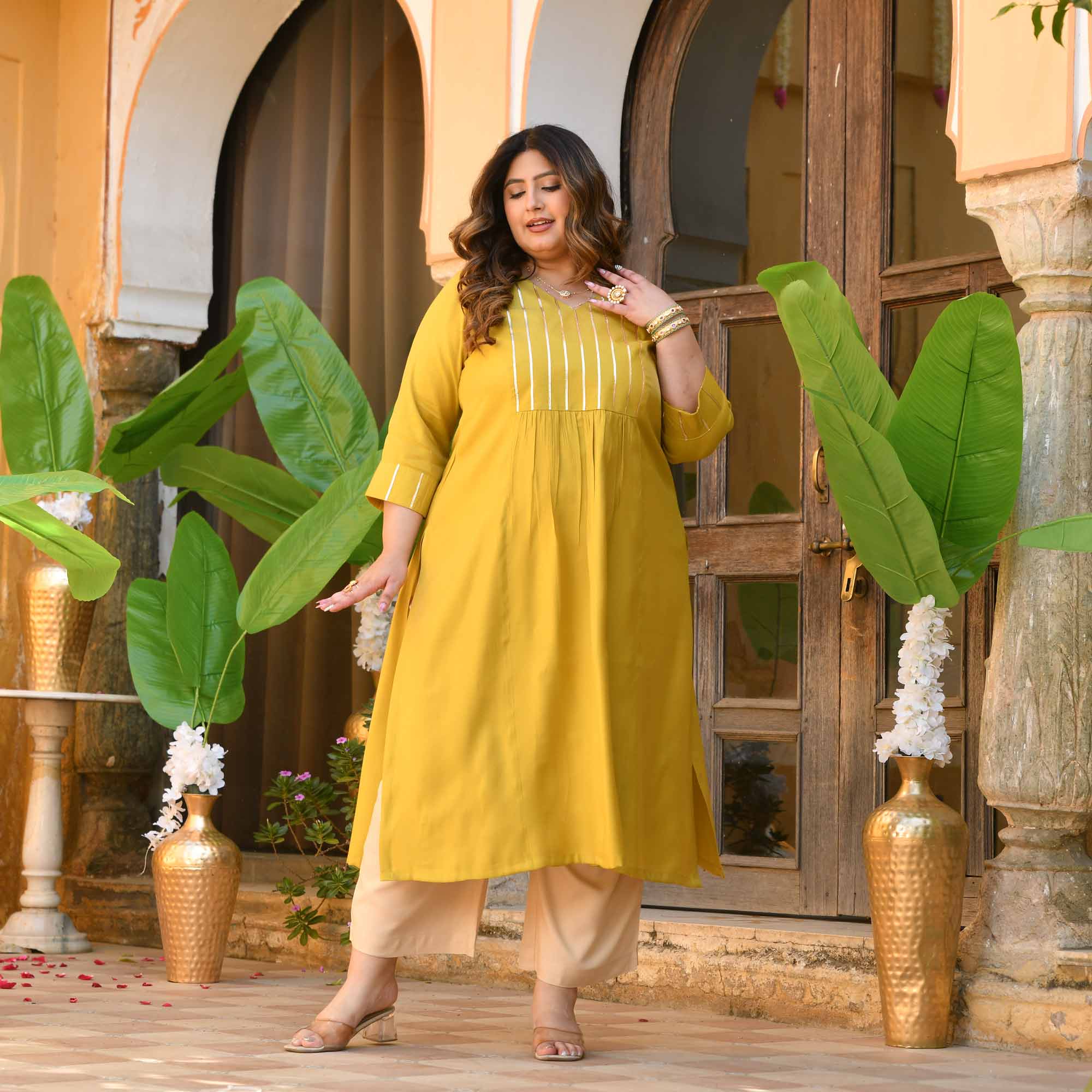 Aamras- Yellow Viscose Tissue A-line Kurta