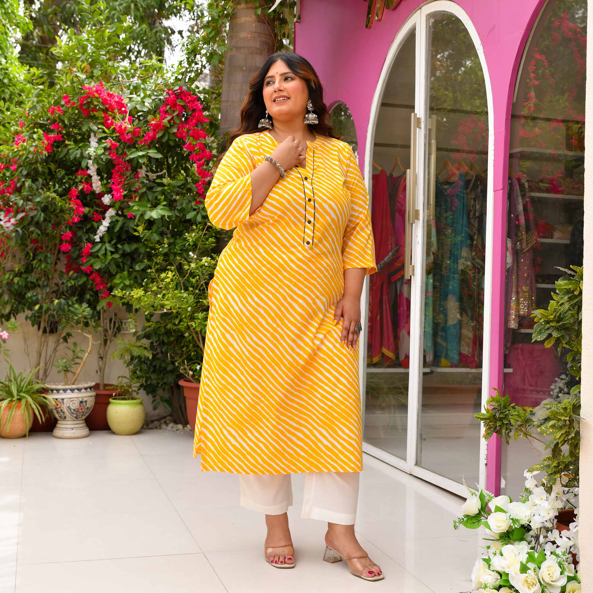 Sonchiraiya- Yellow & white leheriya Pure Cotton Kurta