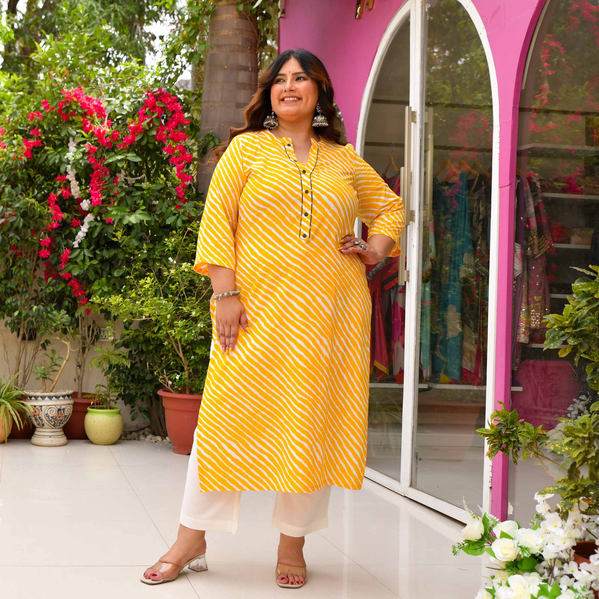Sonchiraiya- Yellow & white leheriya Pure Cotton Kurta