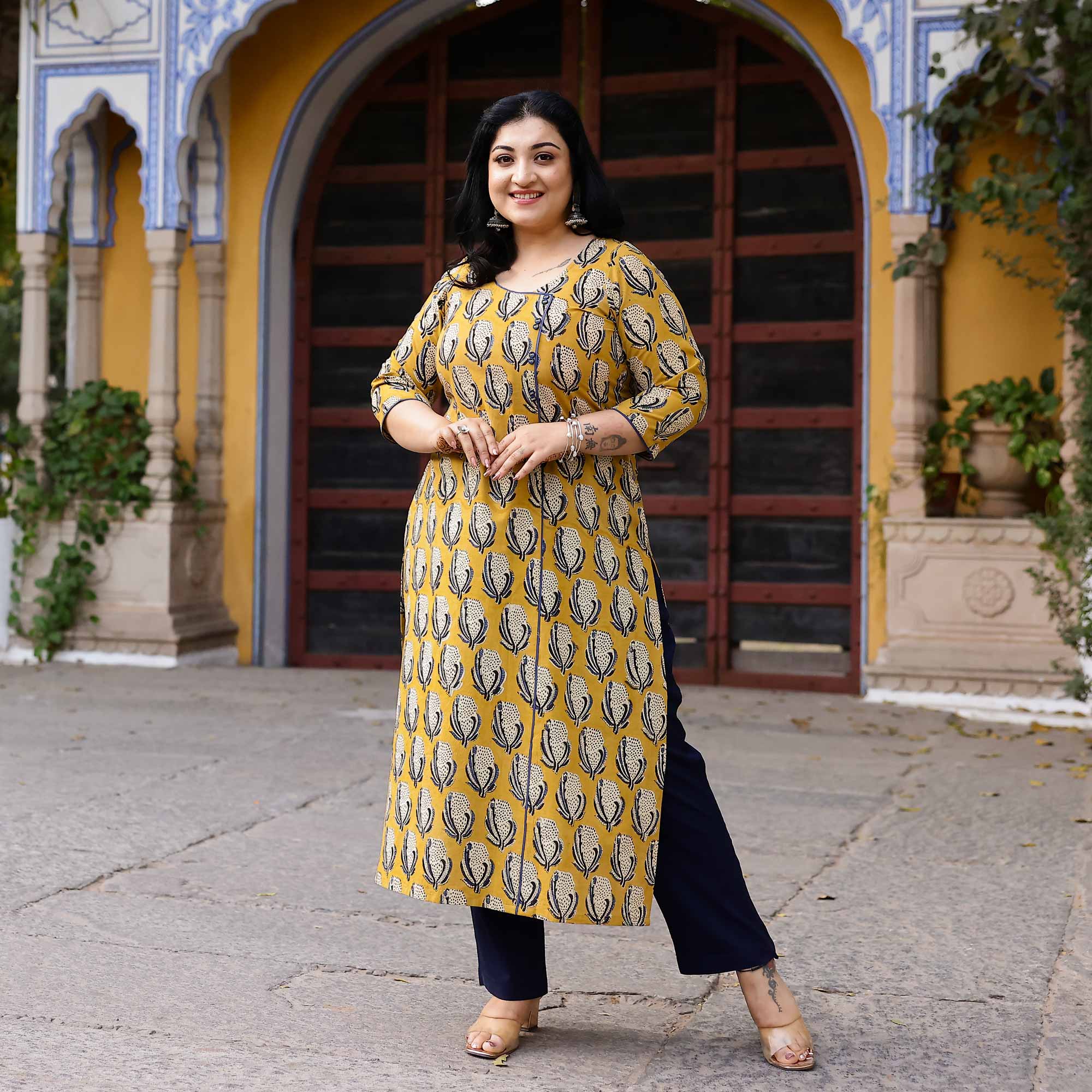 Buttercup Yellow Handblock Printed Cotton Kurta