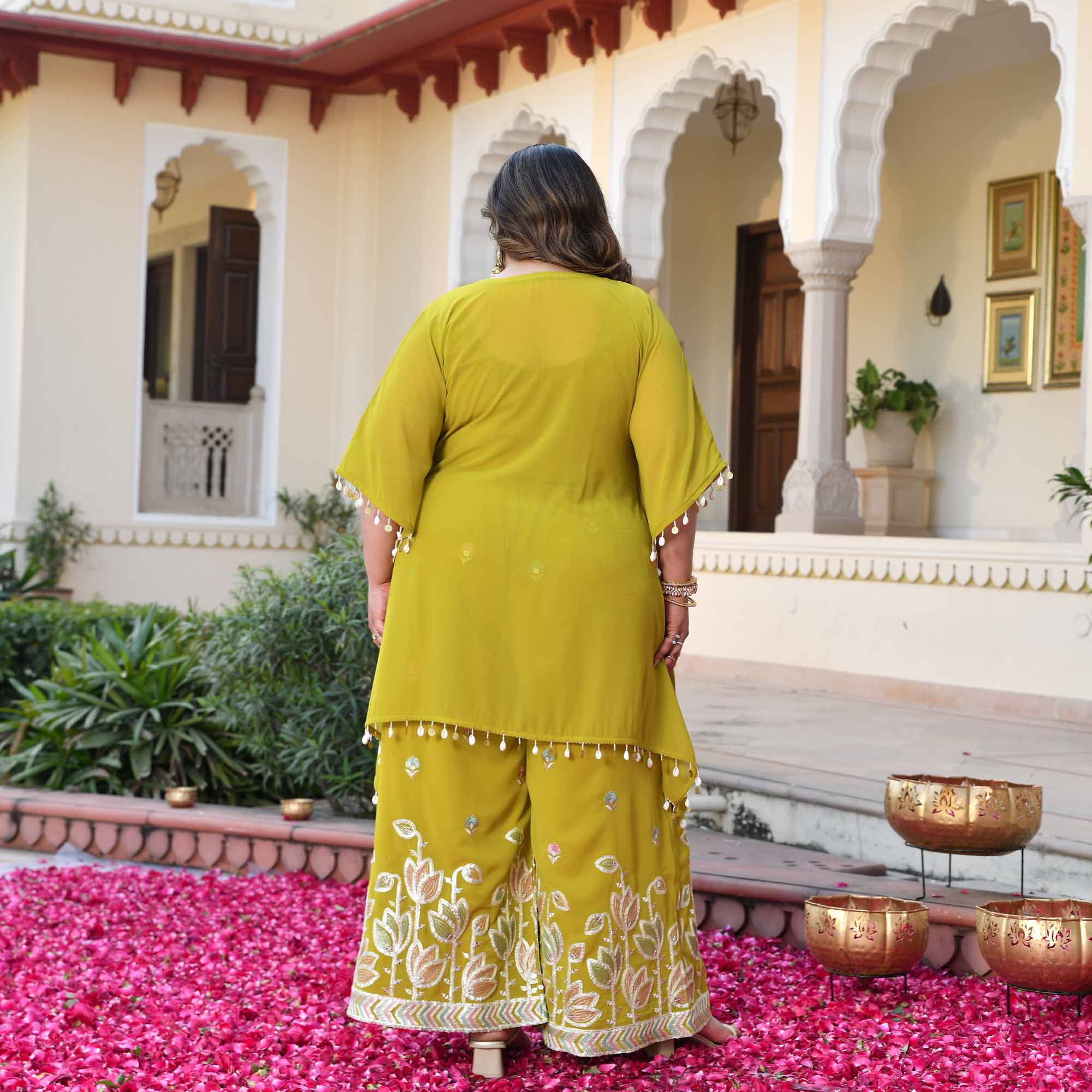 Main Character- Lime Yellow Thread & Gota Embroidered Georgette Cape Kaaftan Set