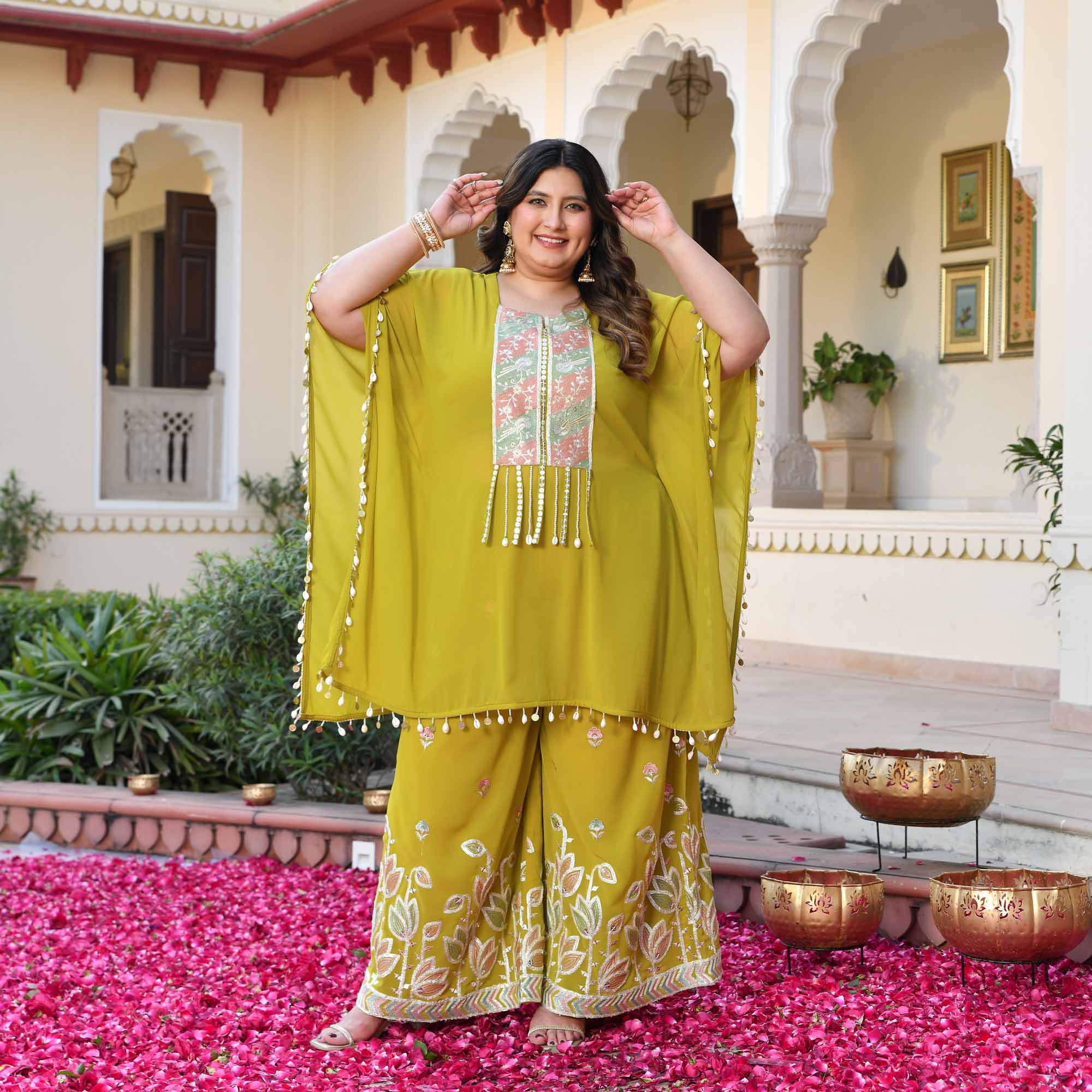 Main Character- Lime Yellow Thread & Gota Embroidered Georgette Cape Kaaftan Set