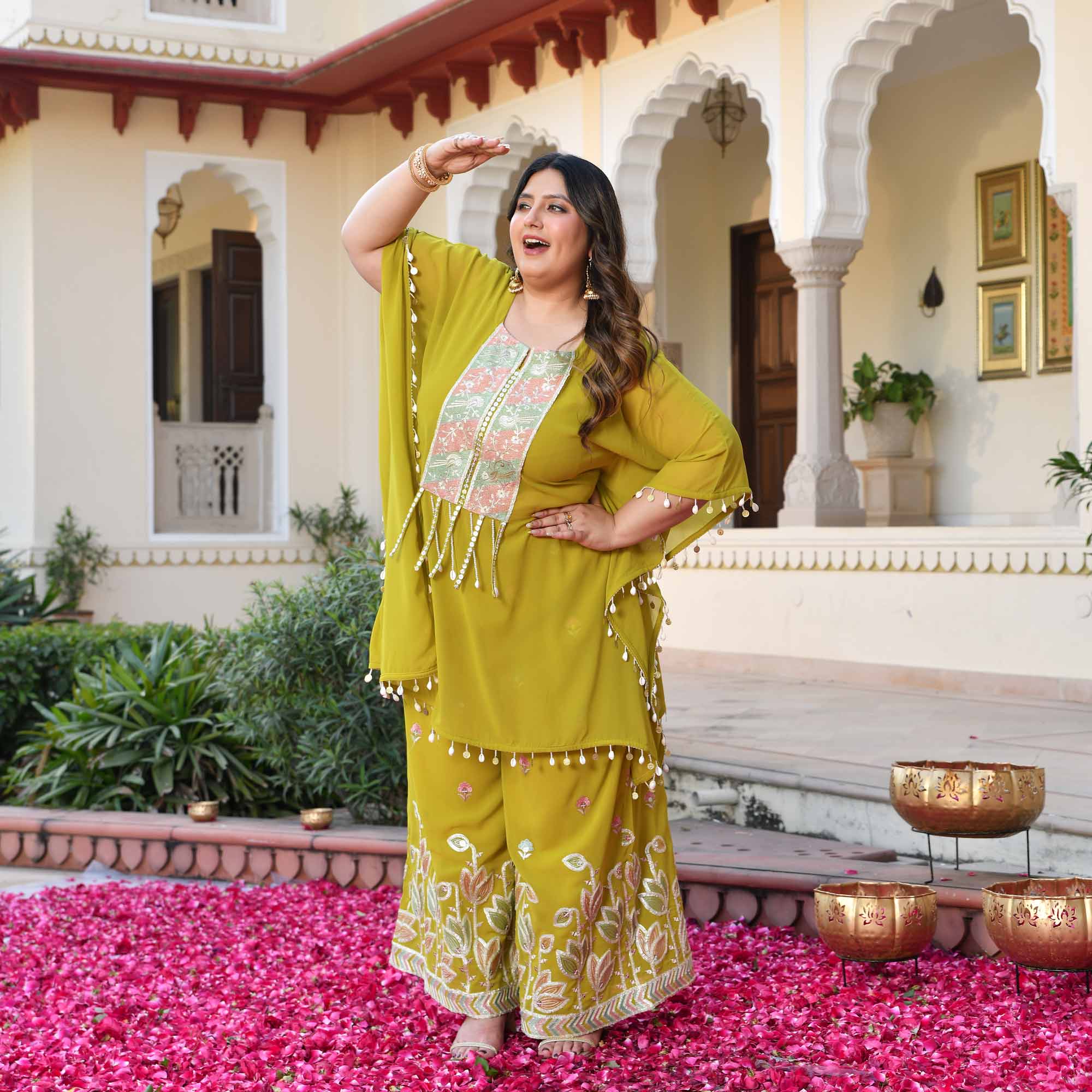 Main Character- Lime Yellow Thread & Gota Embroidered Georgette Cape Kaaftan Set