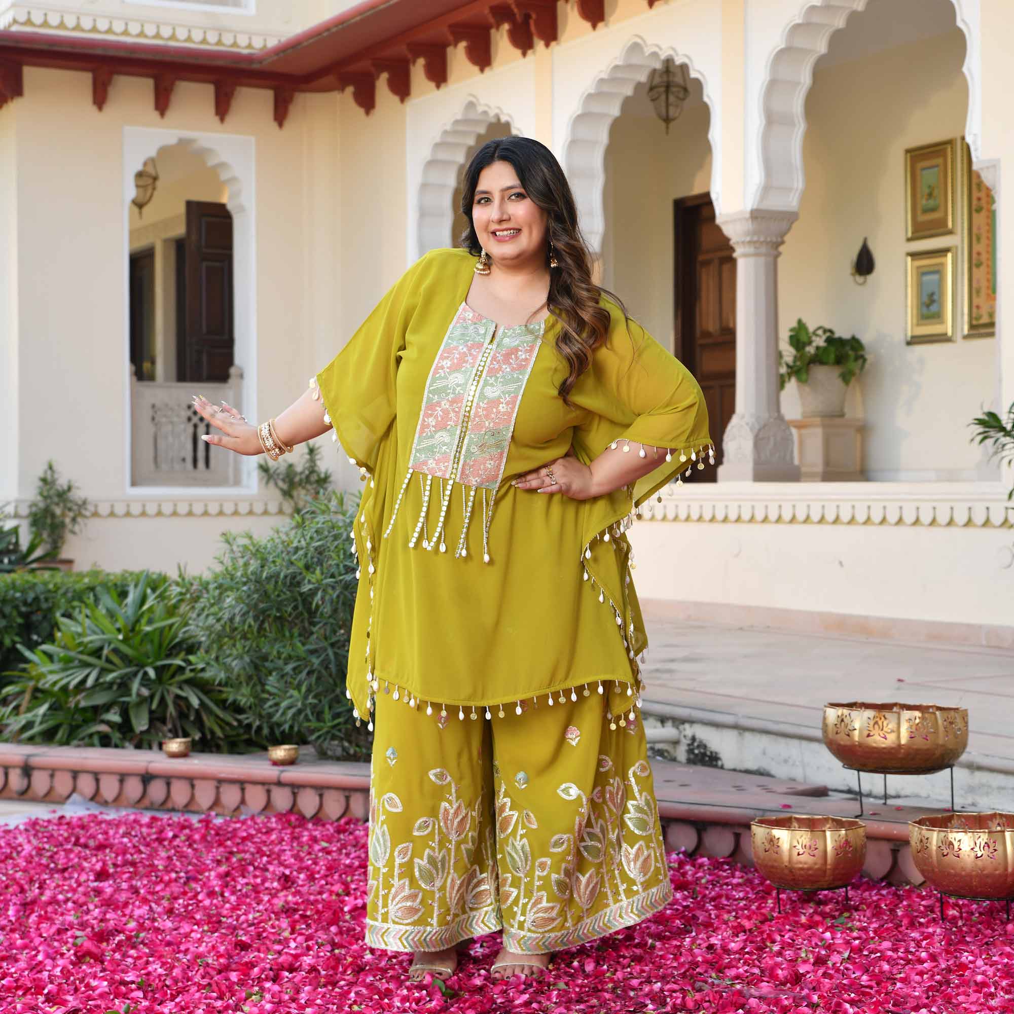 Main Character- Lime Yellow Thread & Gota Embroidered Georgette Cape Kaaftan Set