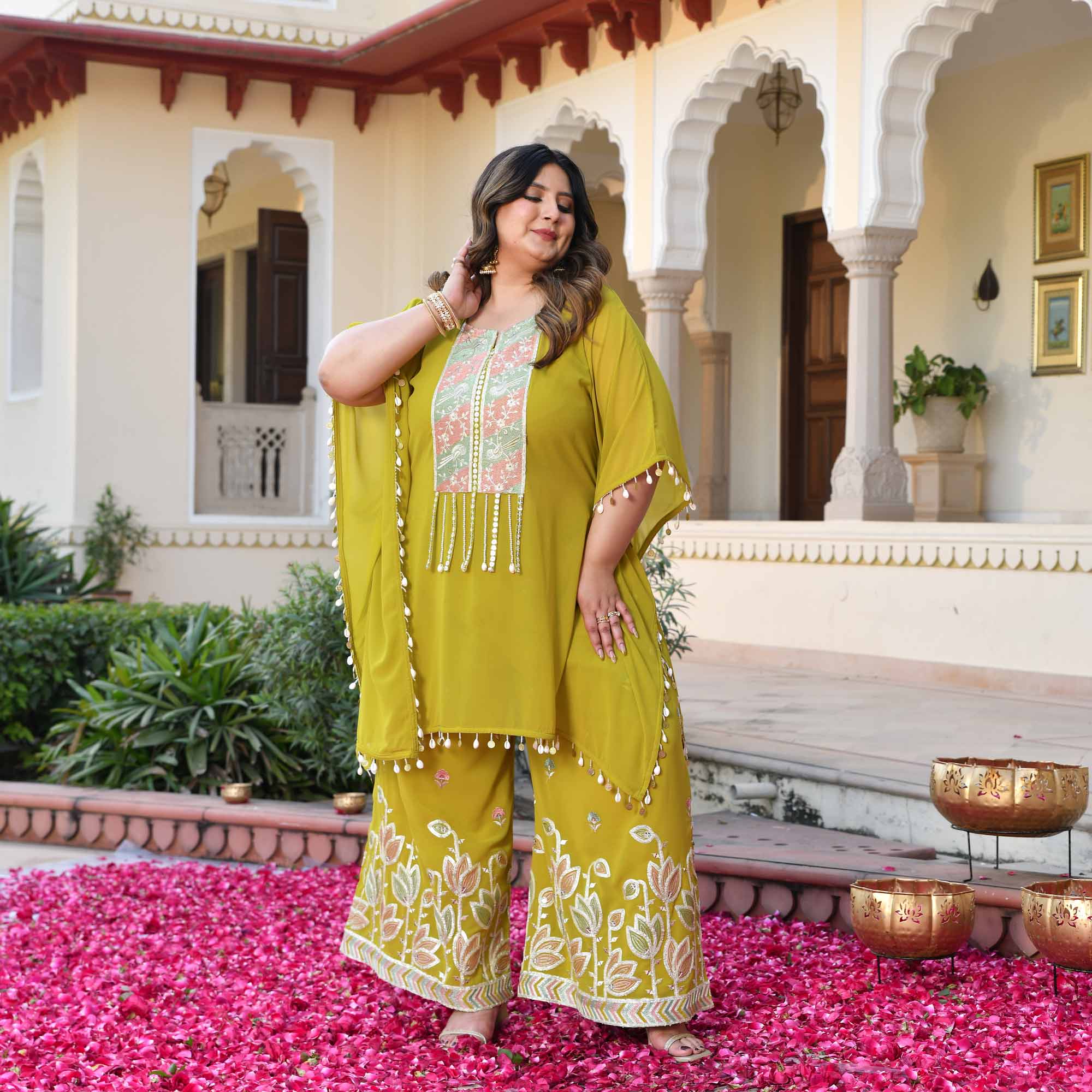 Main Character- Lime Yellow Thread & Gota Embroidered Georgette Cape Kaaftan Set