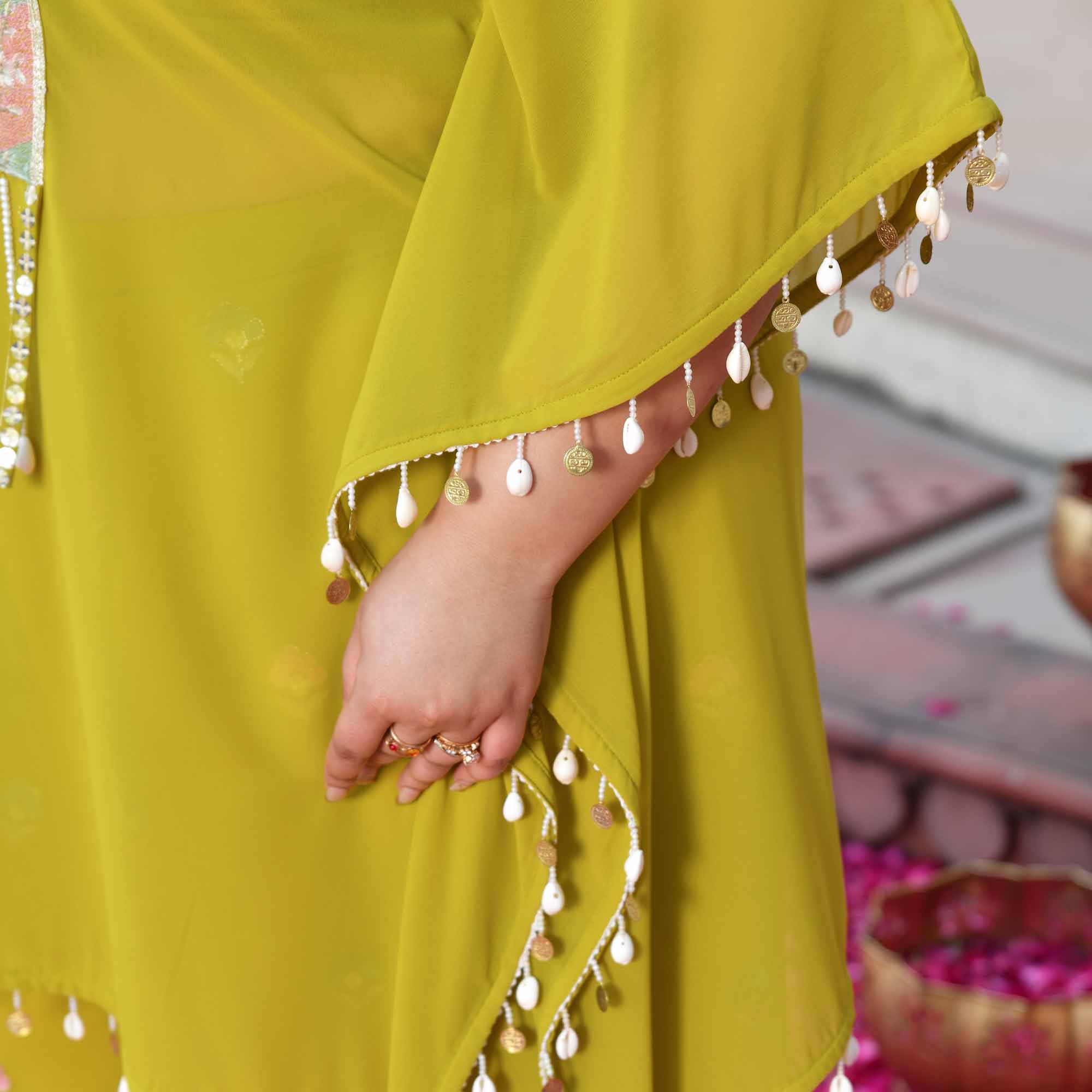 Main Character- Lime Yellow Thread & Gota Embroidered Georgette Cape Kaaftan Set