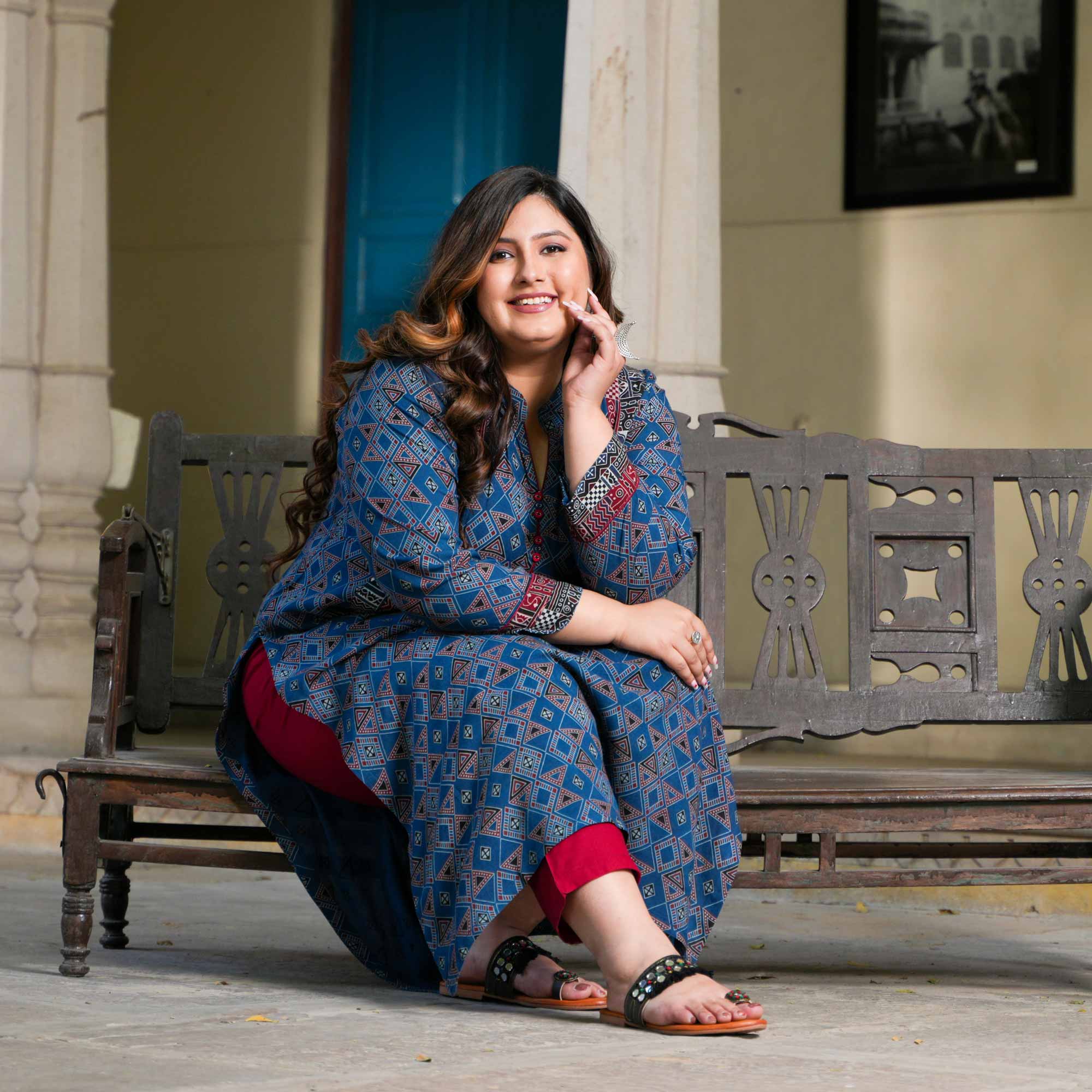 Nilgiri Blue Ajrakh Aline Modal Kurta