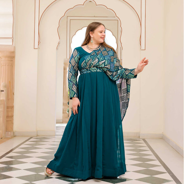 Teal Temptation Metallic Sequin Embroidered Dress With Belt Drape