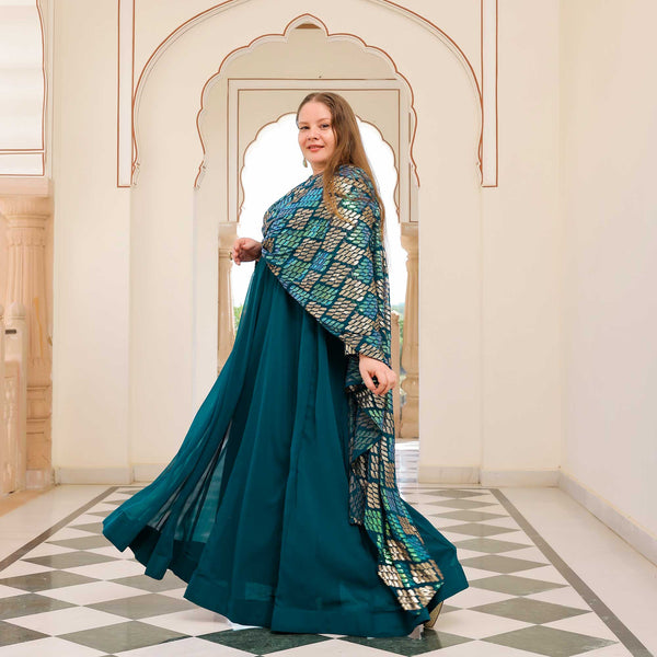 Teal Temptation Metallic Sequin Embroidered Dress With Belt Drape