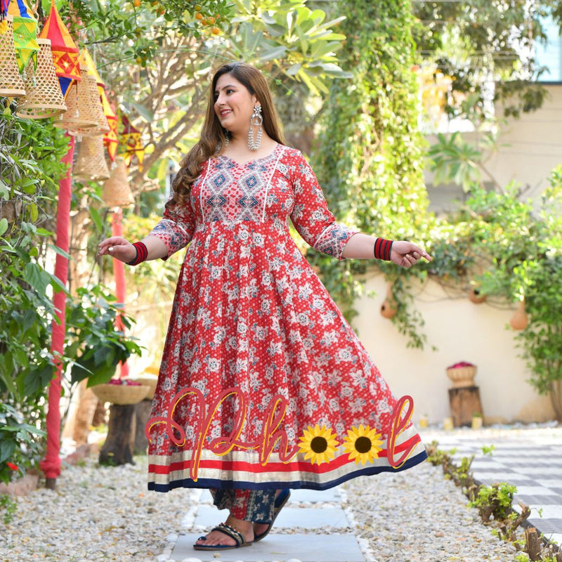 Red Dahlia Floral Cotton Anarkali
