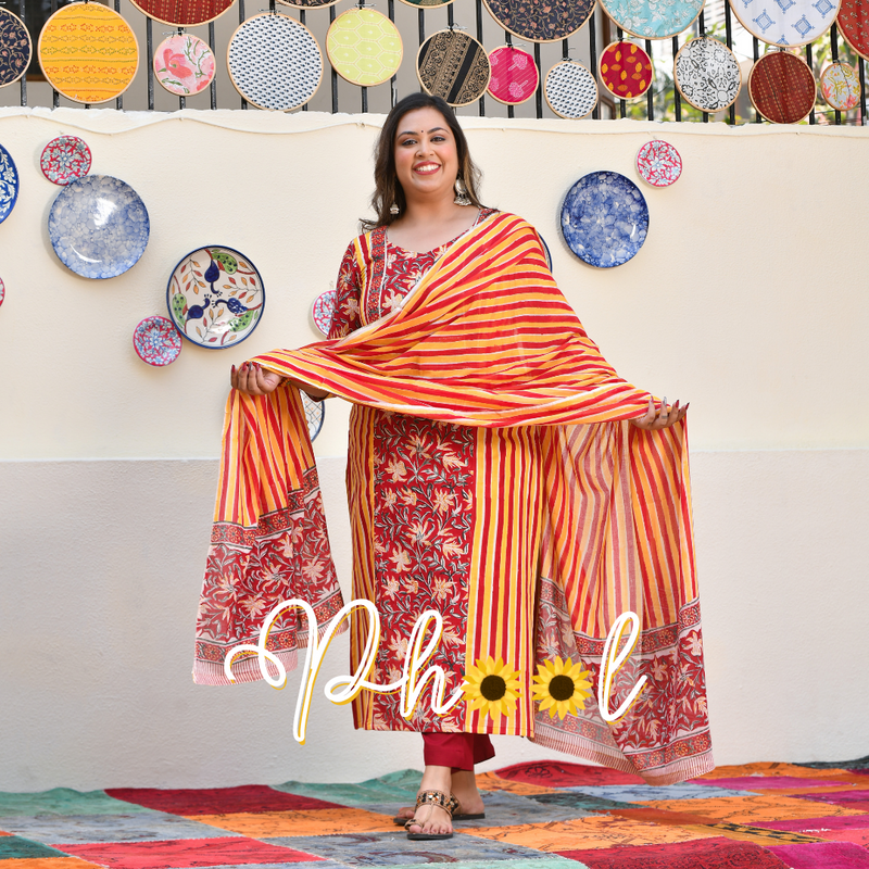 Harvest Hues And Red Kalamkari Handblock Cotton Suit Set