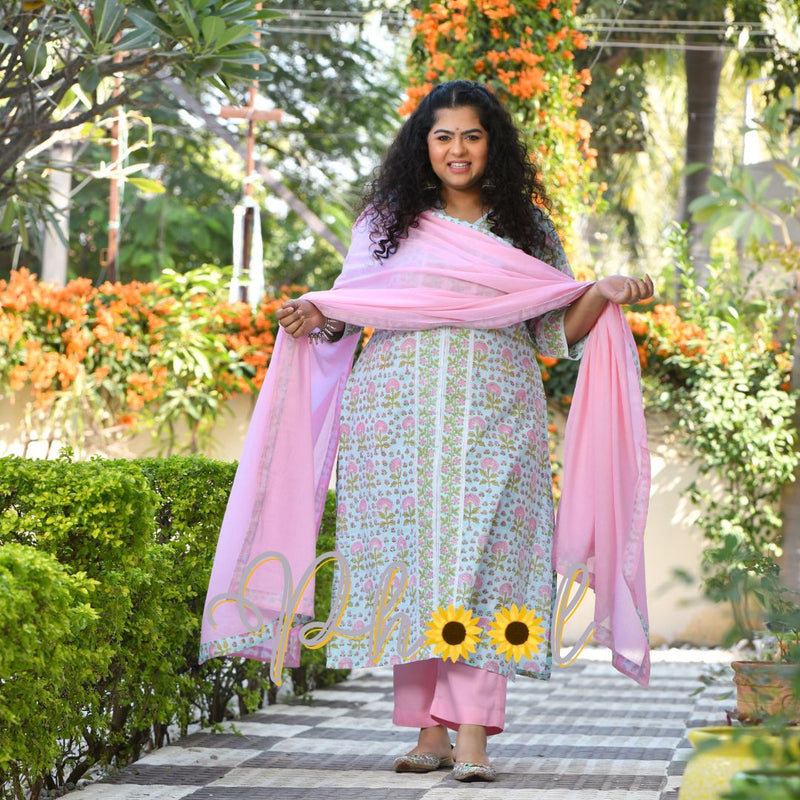 Tropical Blue Blossom Handblock Printed Suit Set