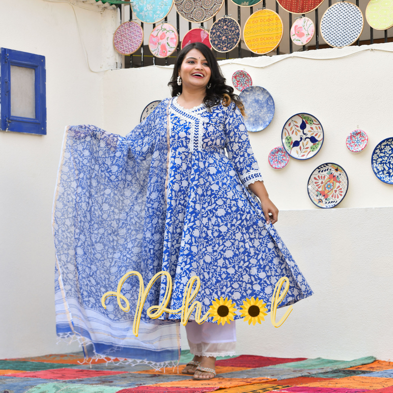 Spring Blue Bloom Floral Cotton Anarkali Set