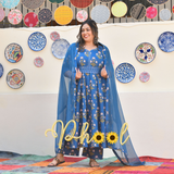 Cobalt Blue Floral Chikan Lace Cotton Anarkali Set