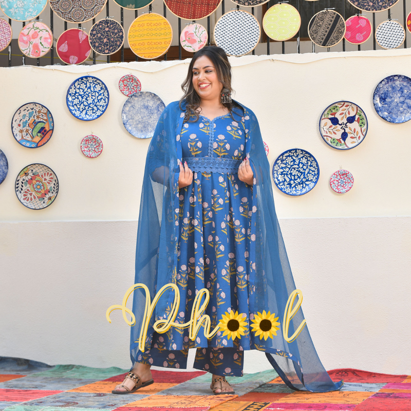 Cobalt Blue Floral Chikan Lace Cotton Anarkali Set