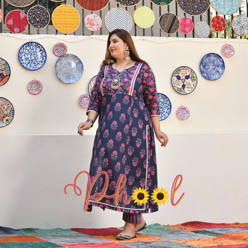 Blue Rasberry Floral Cotton Aline Slit Kurta