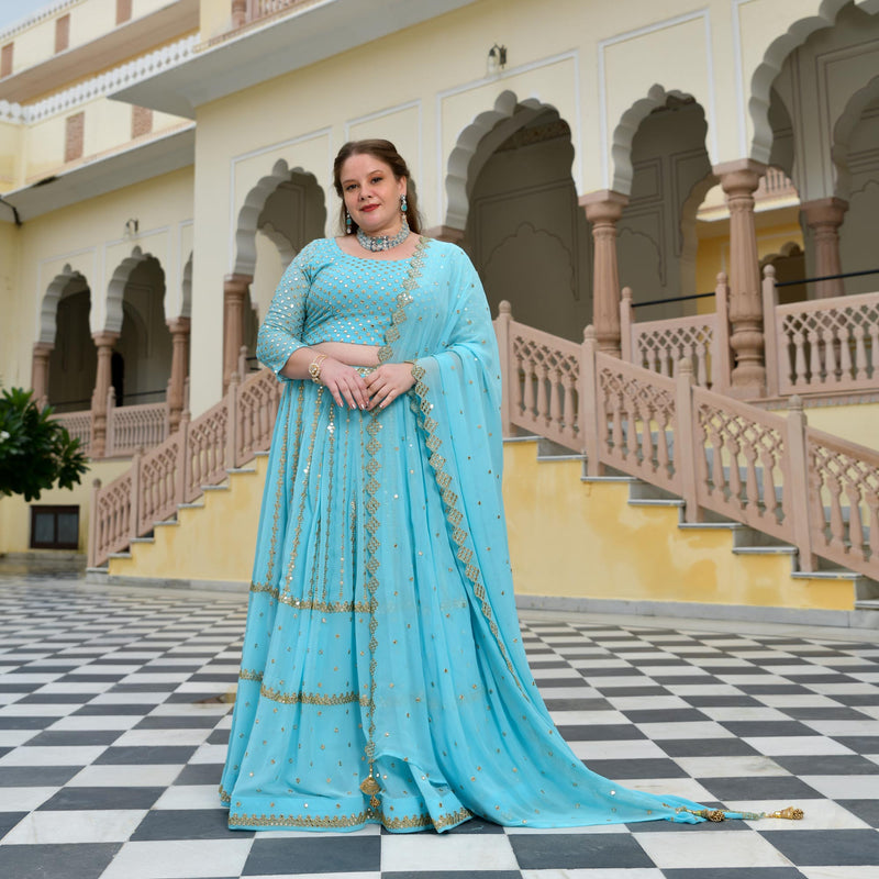 Aquamarine Blue Mirror Work Lehenga Set